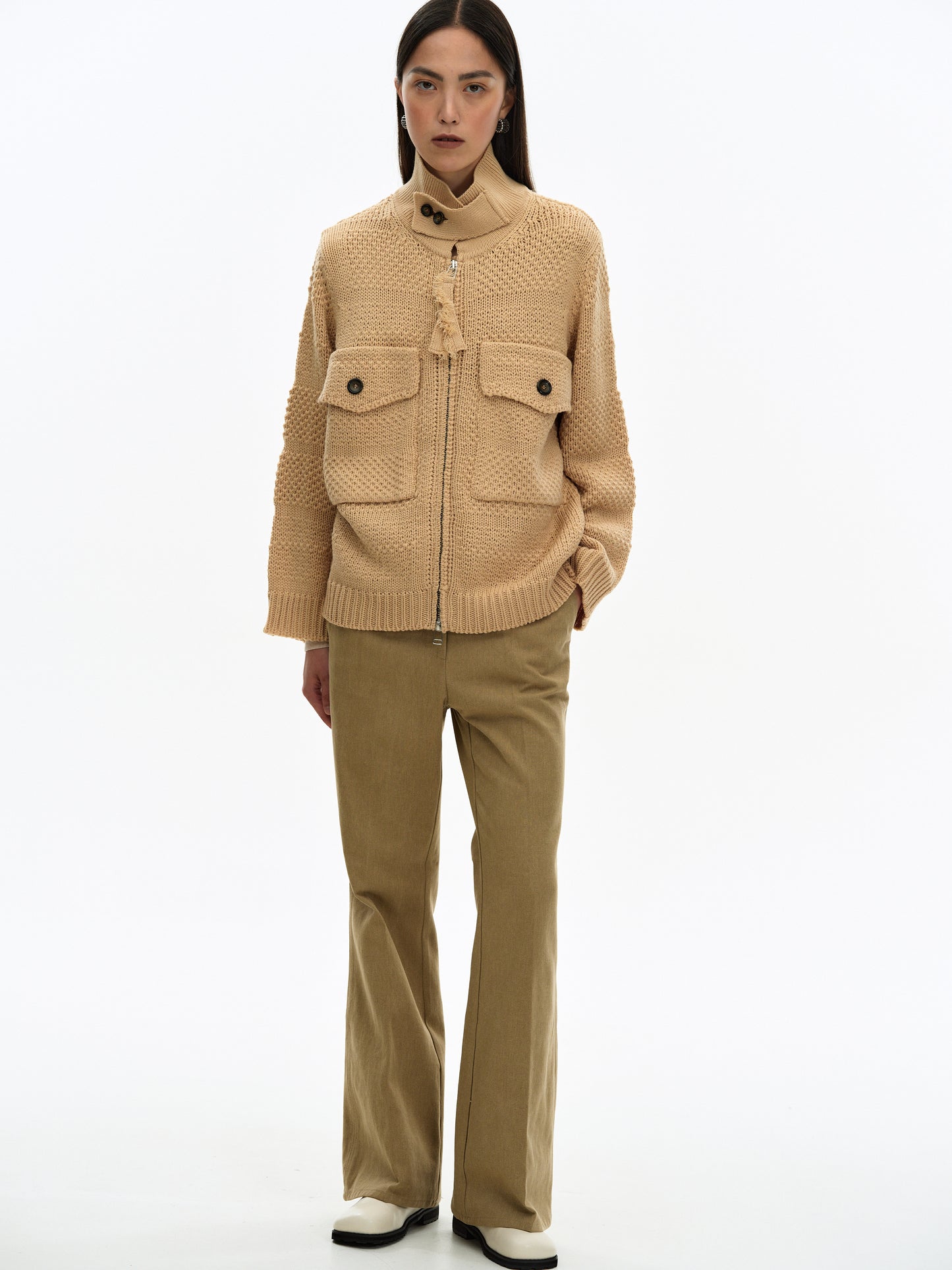 Two-Way Zip Sweater, Camel
