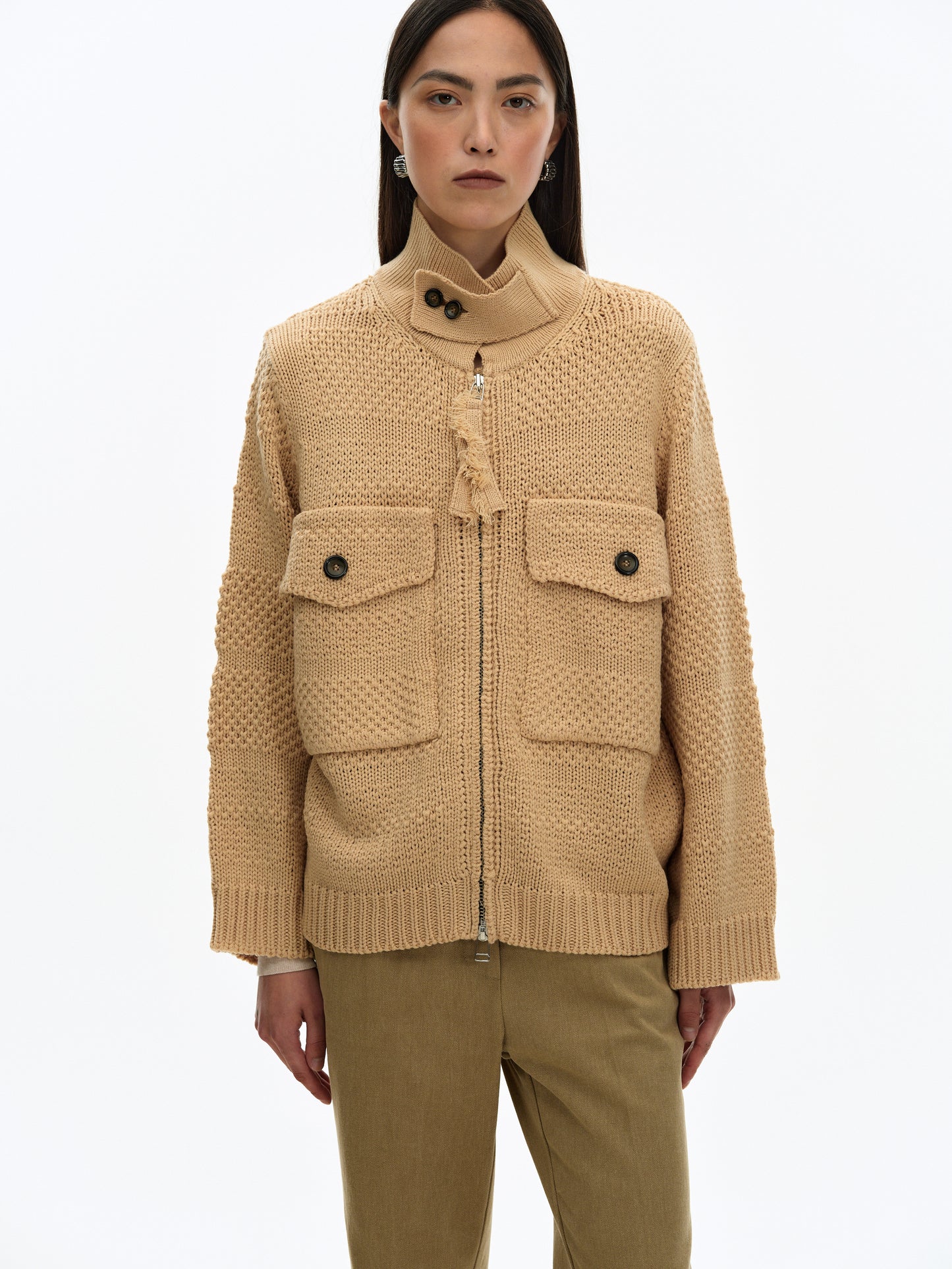Two-Way Zip Sweater, Camel