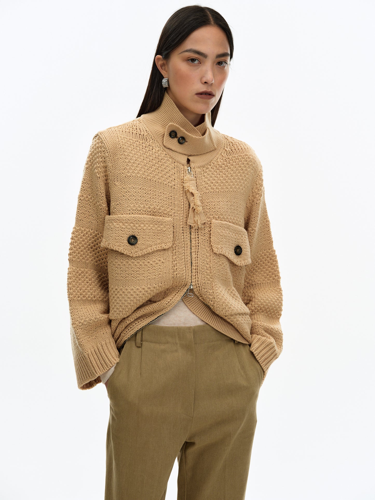 Two-Way Zip Sweater, Camel