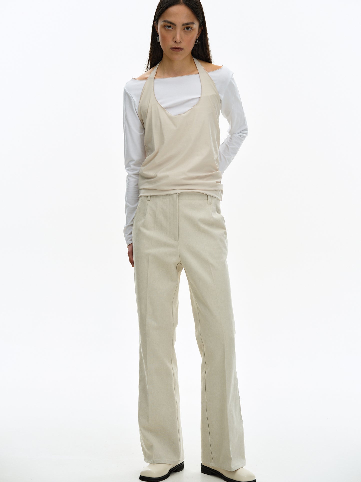 Canvas Cotton Bootcut Trousers, Ivory