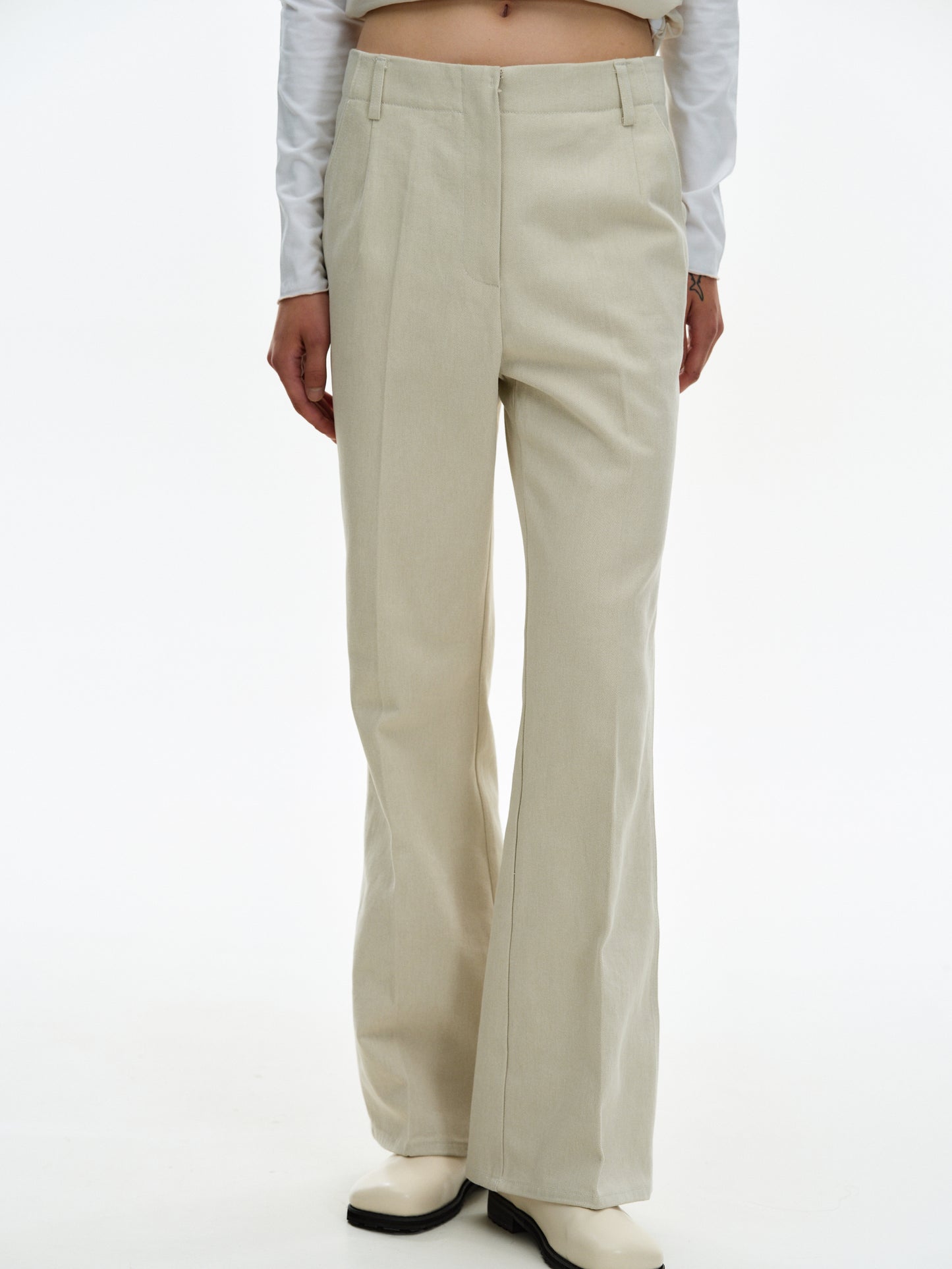 Canvas Cotton Bootcut Trousers, Ivory