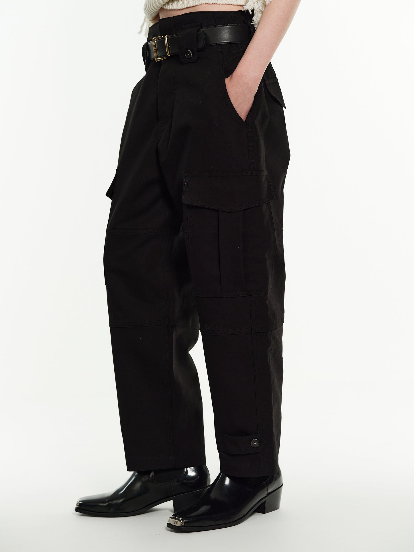 Button-Tab Cargo Pants, Black