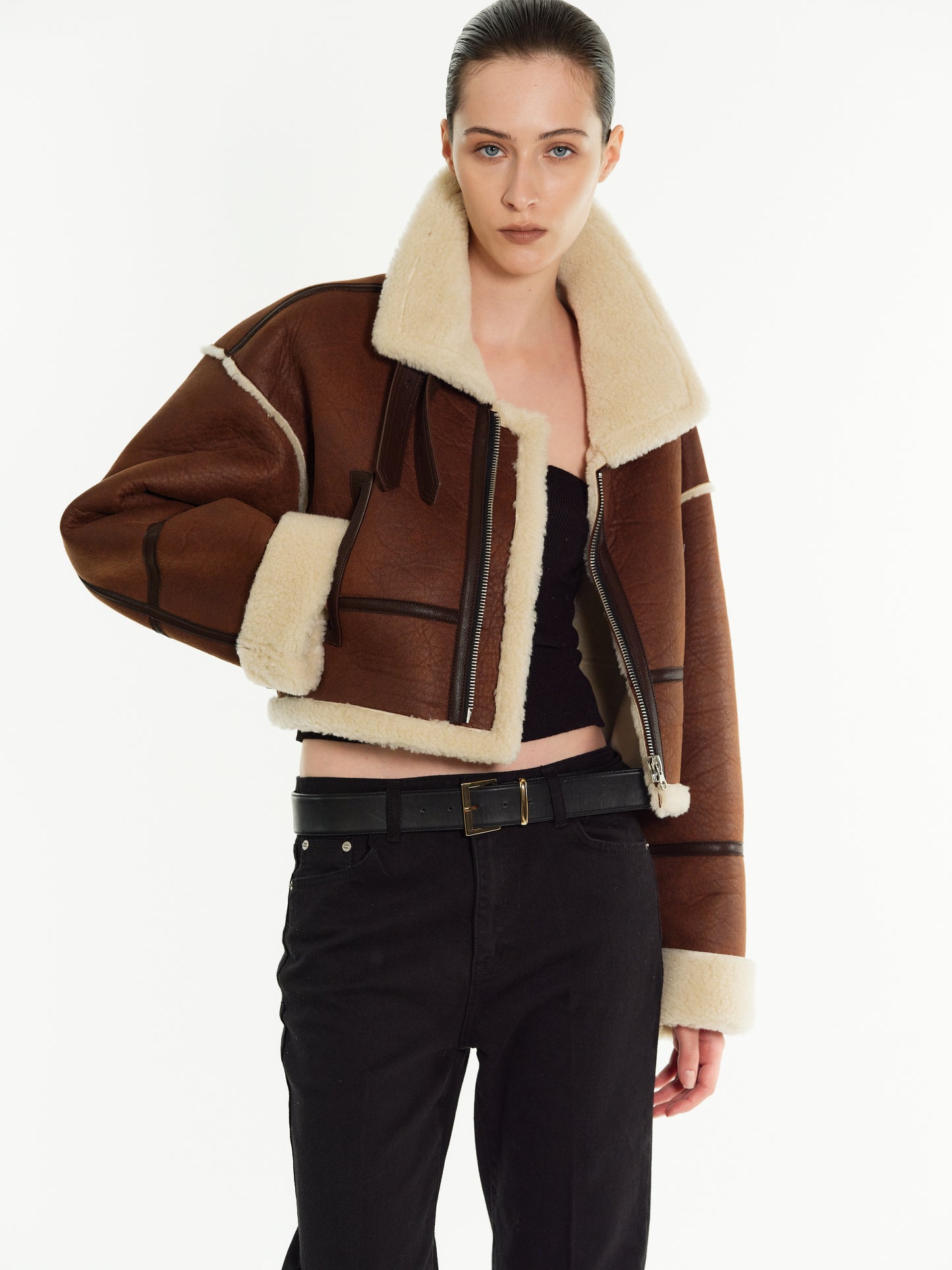 Cropped Shearling Jacket, Bison