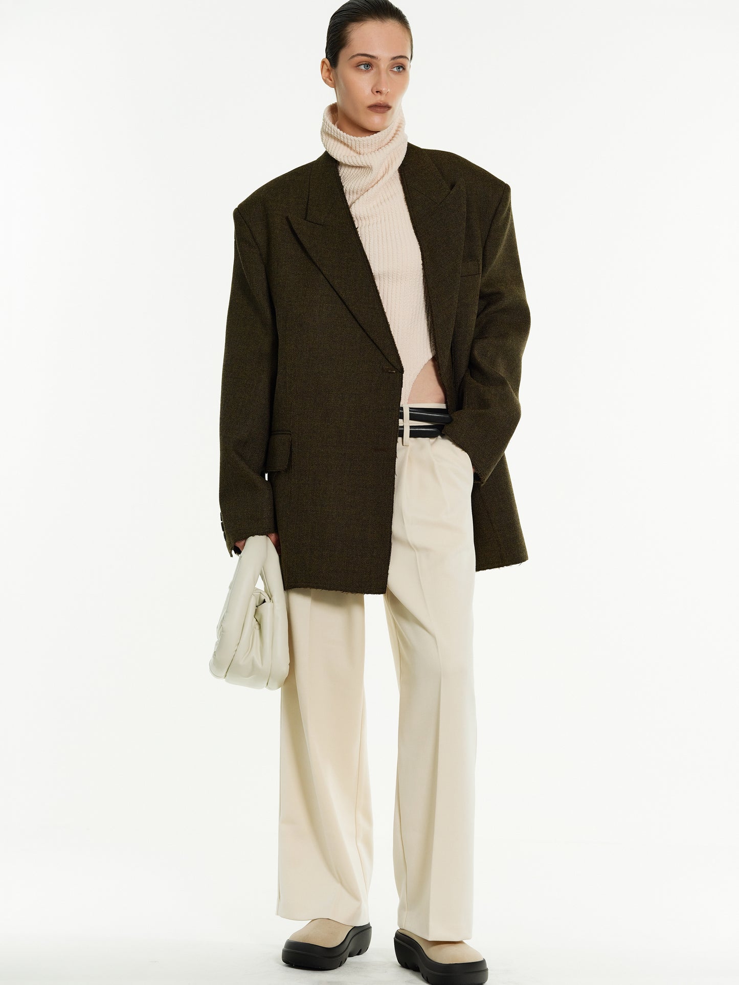 Wool Oversized Blazer, Dark Brown Melange