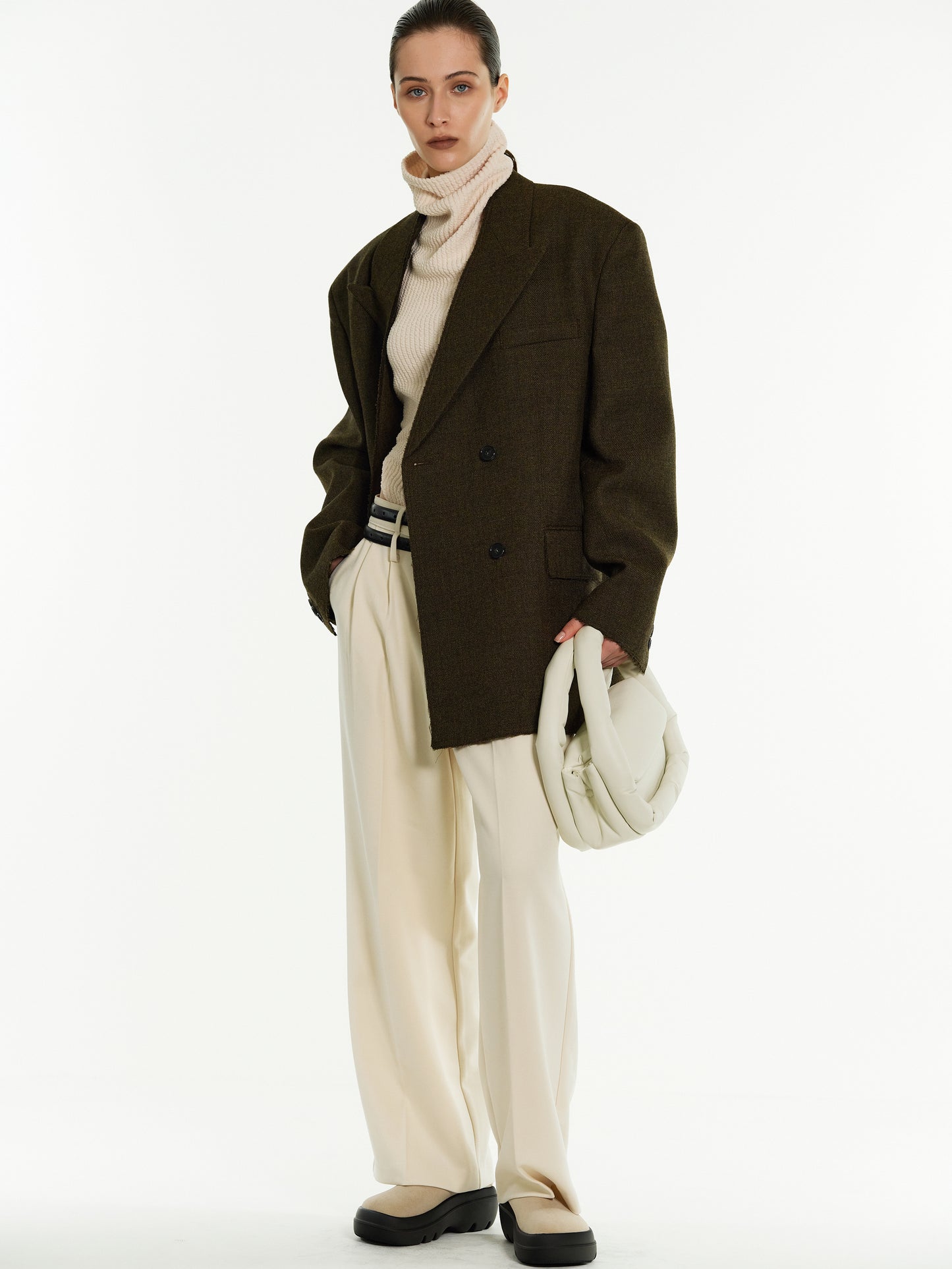Wool Oversized Blazer, Dark Brown Melange