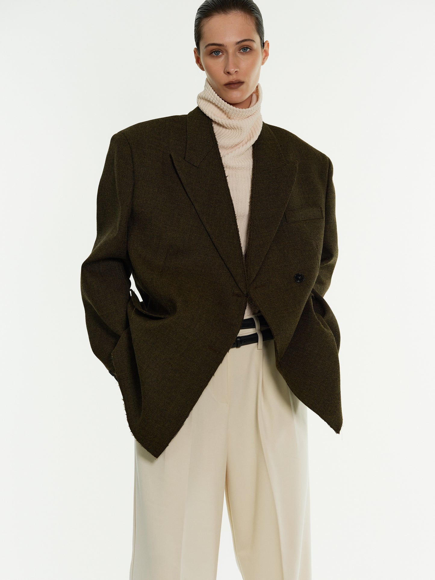 Wool Oversized Blazer, Dark Brown Melange