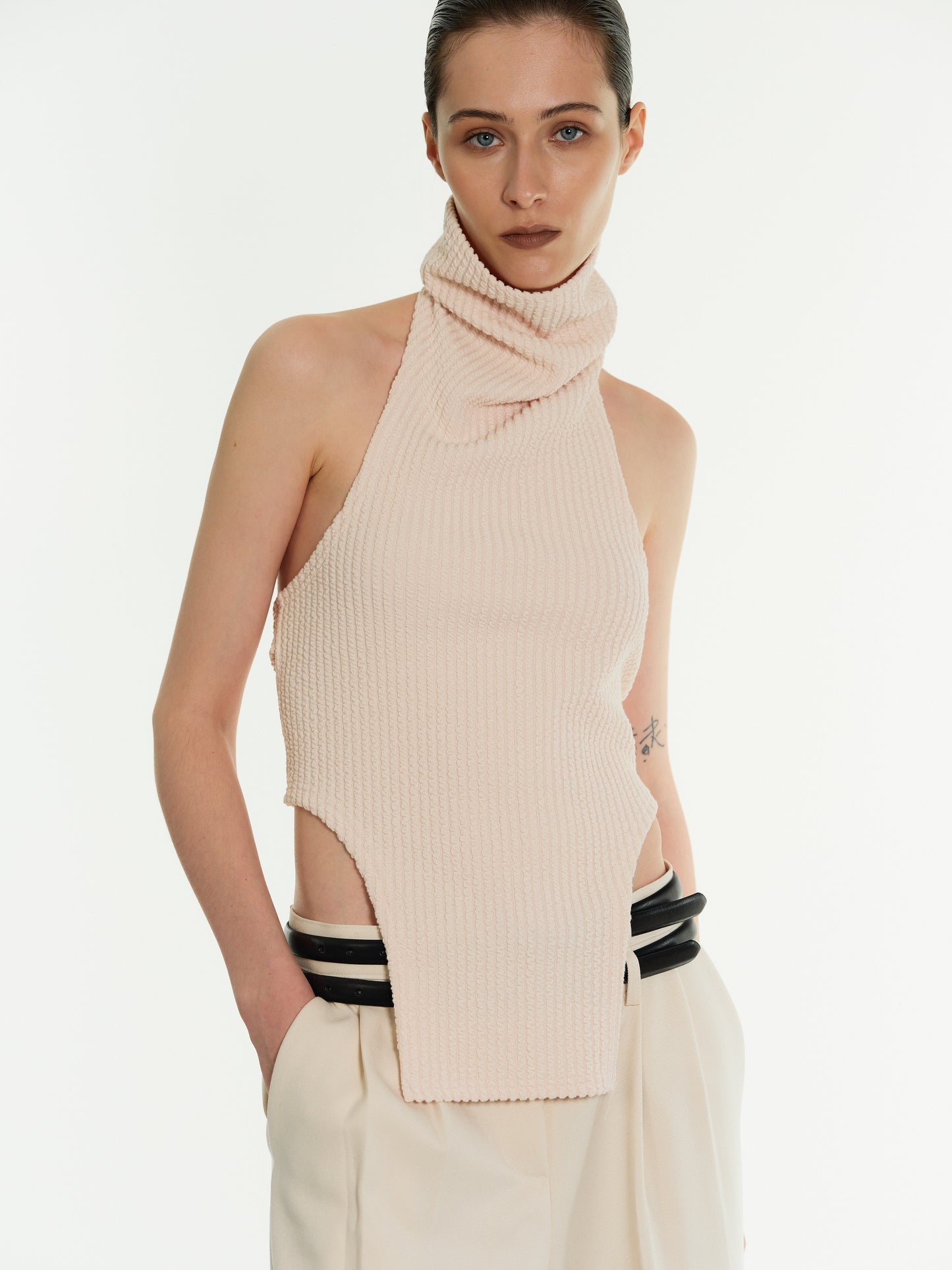 Open Back Sleeveless Turtleneck, Coconut