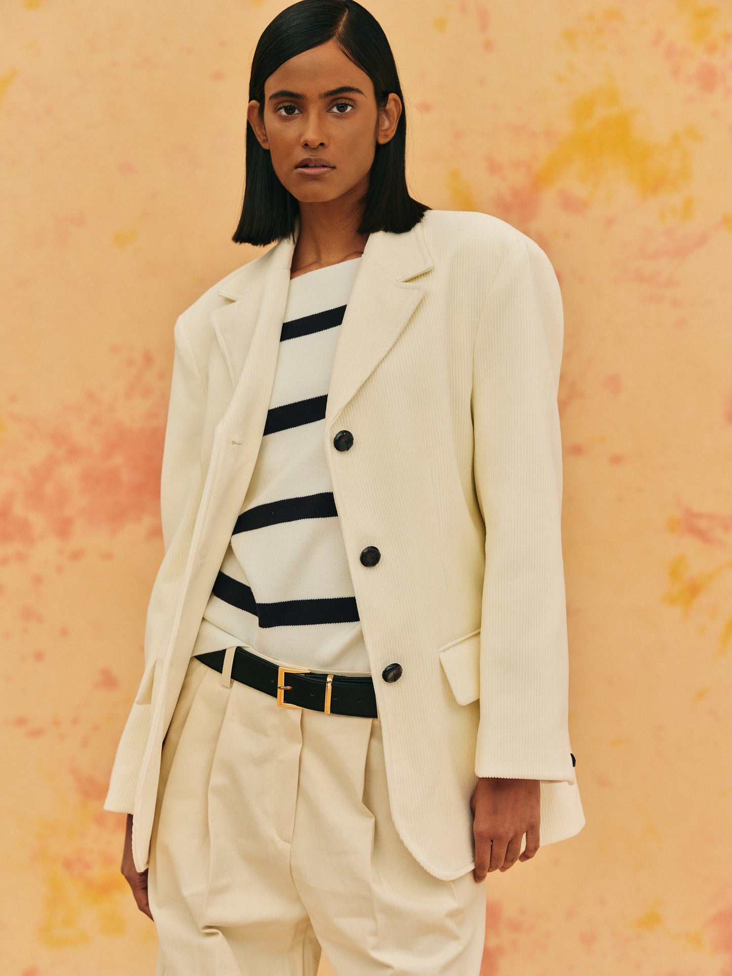 Single-Breasted Corduroy Blazer, Ivory