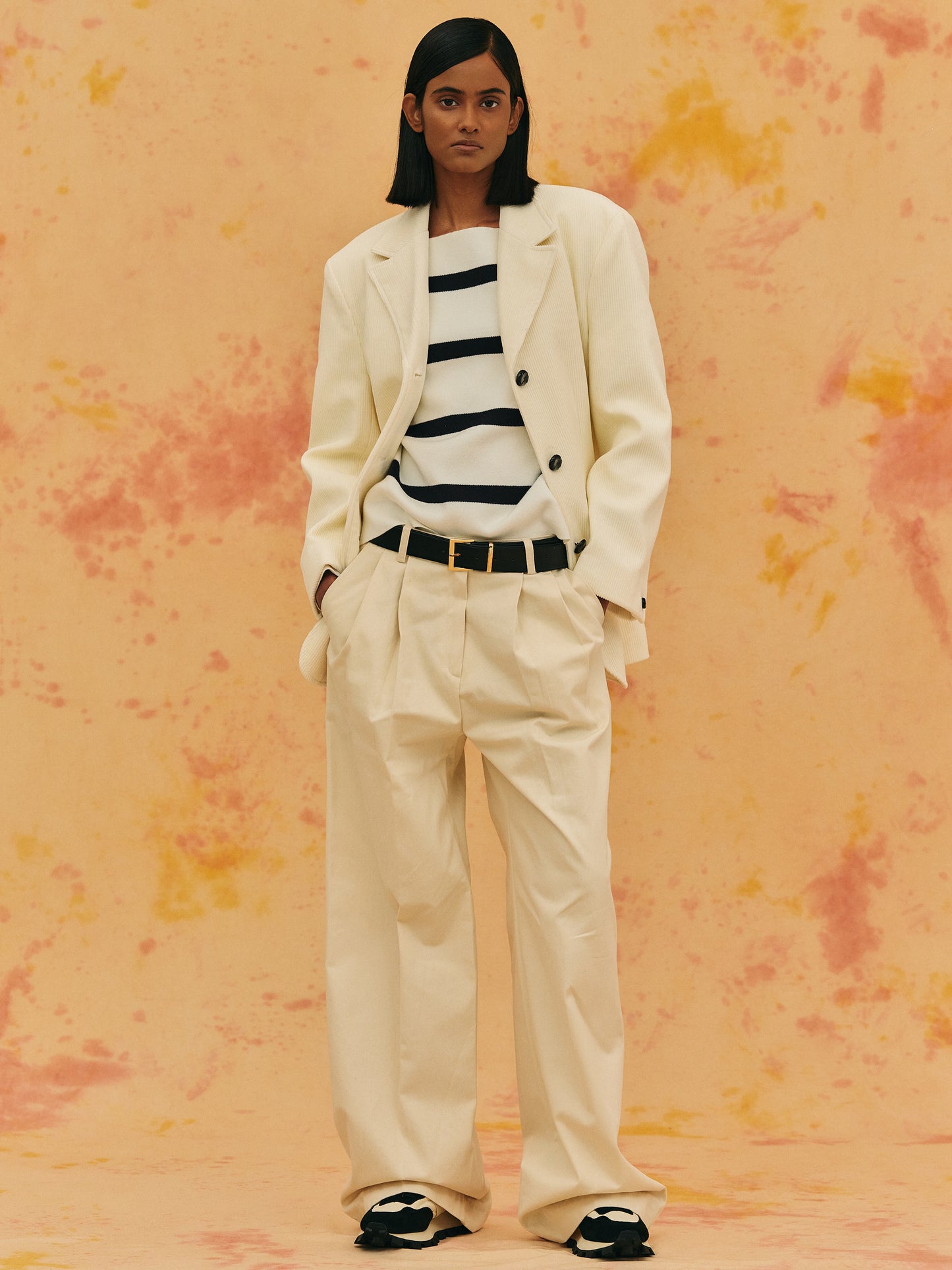 Wide-Leg Long Trousers, Cream
