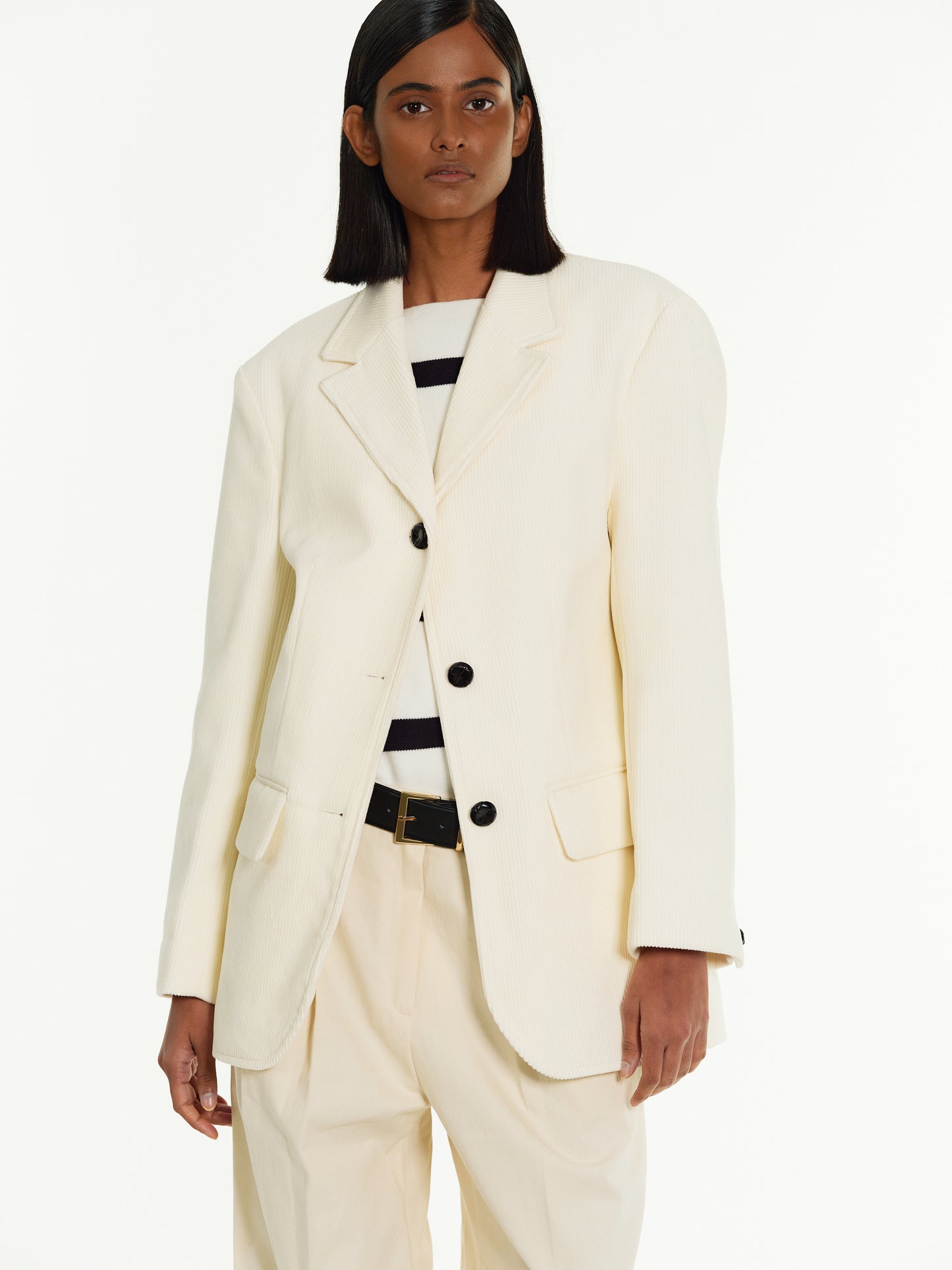 Single-Breasted Corduroy Blazer, Ivory