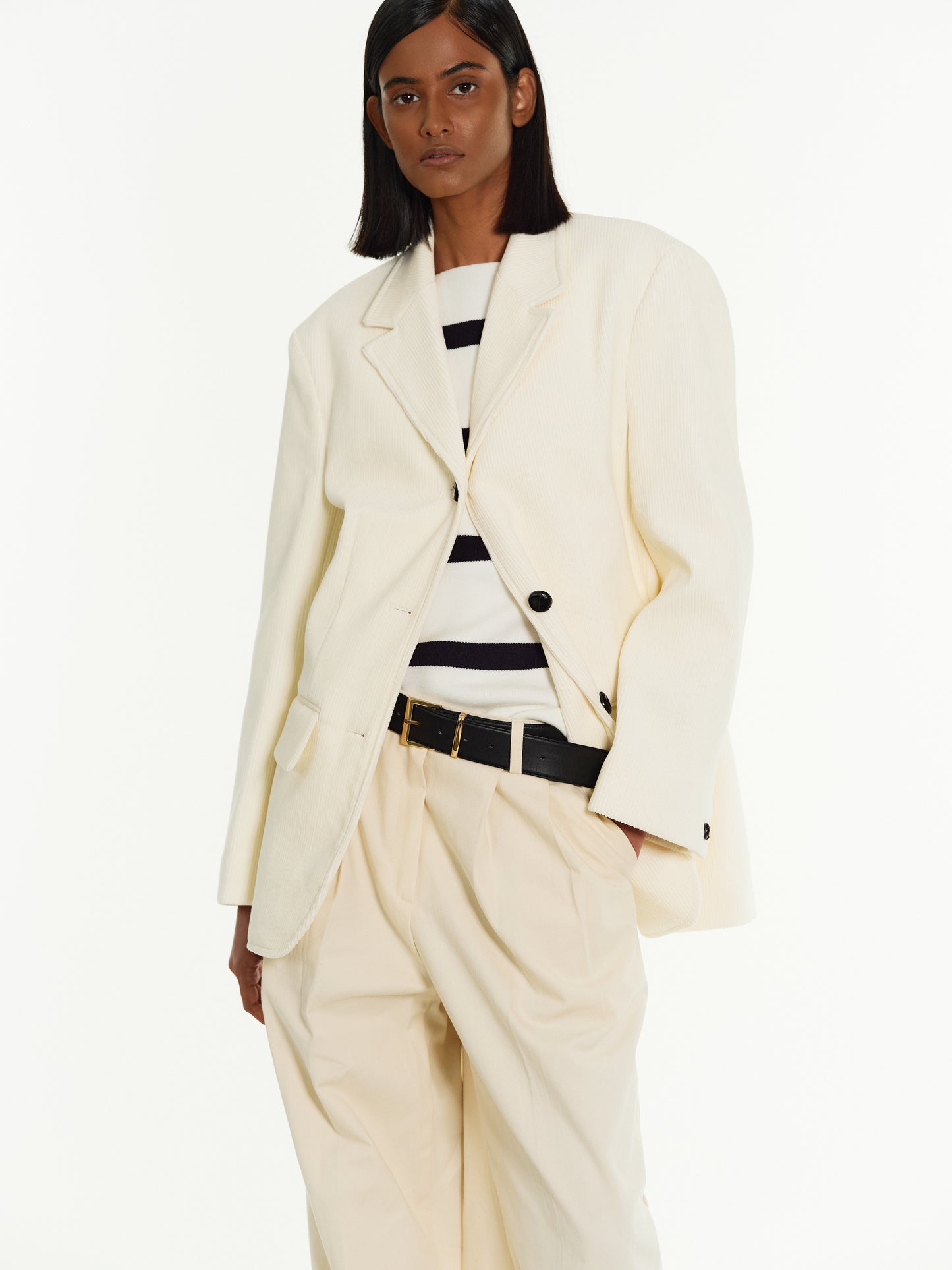 Single-Breasted Corduroy Blazer, Ivory