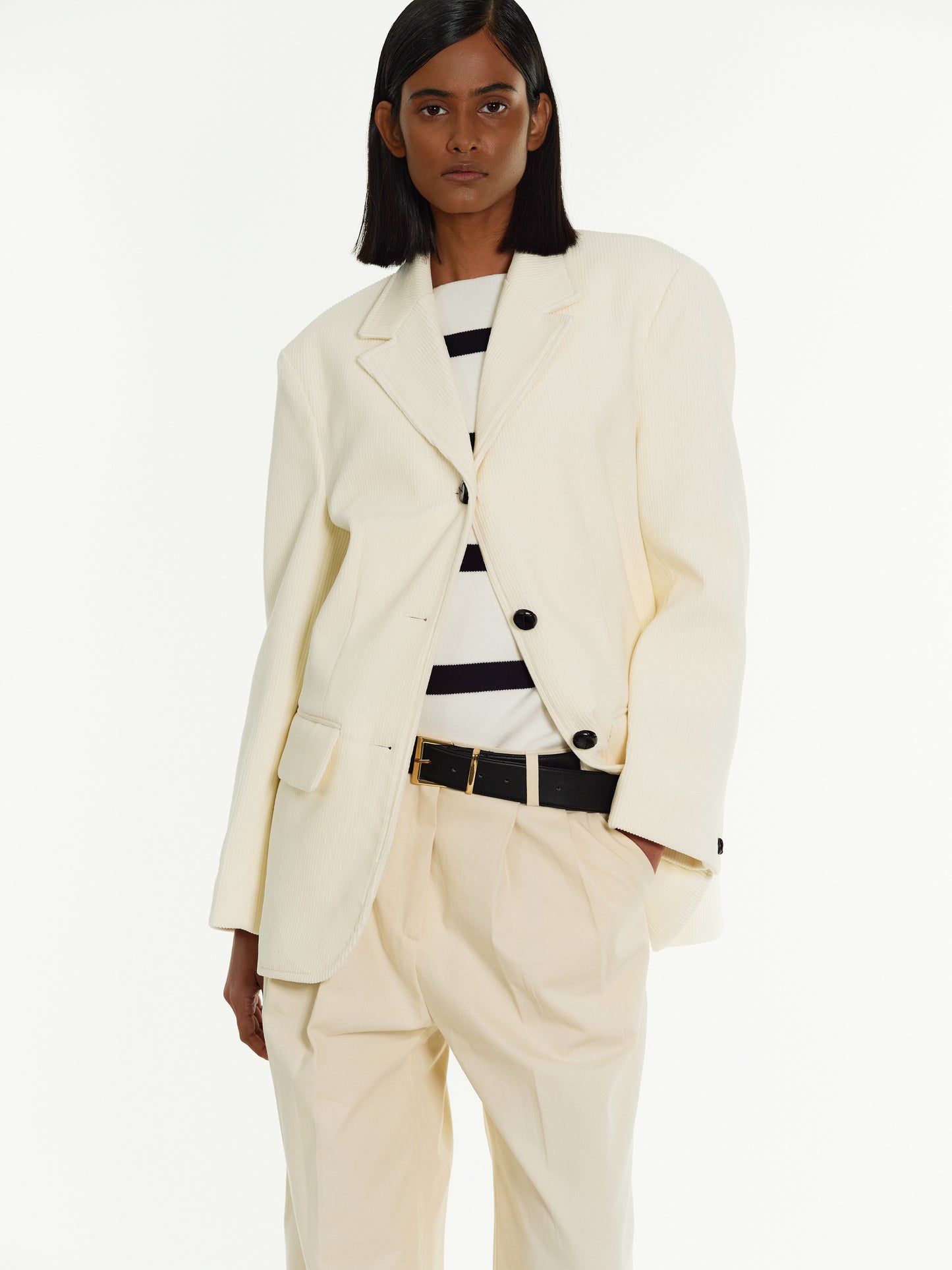 Single-Breasted Corduroy Blazer, Ivory