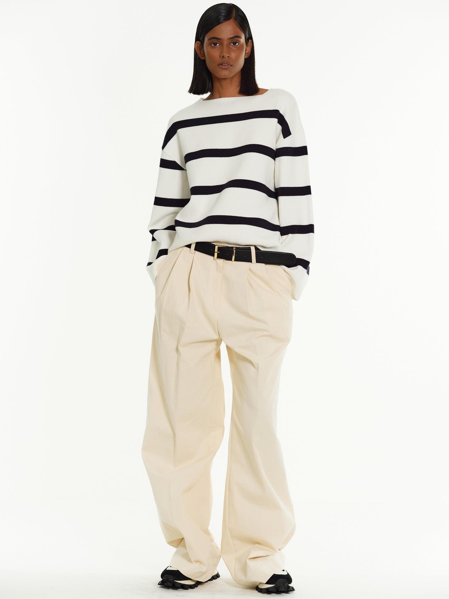 Wide-Leg Long Trousers, Cream