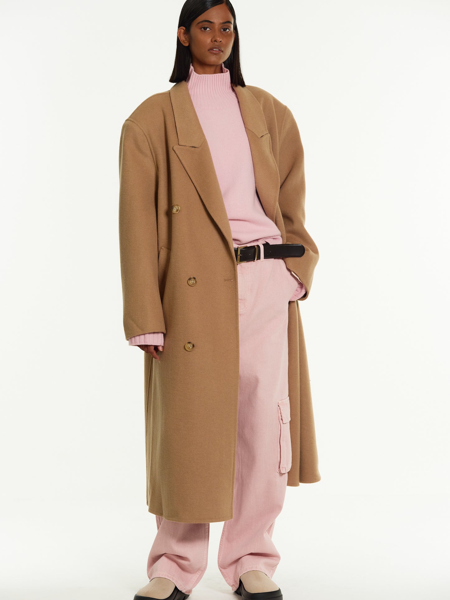 Padded Shoulder Maxi Coat, Camel
