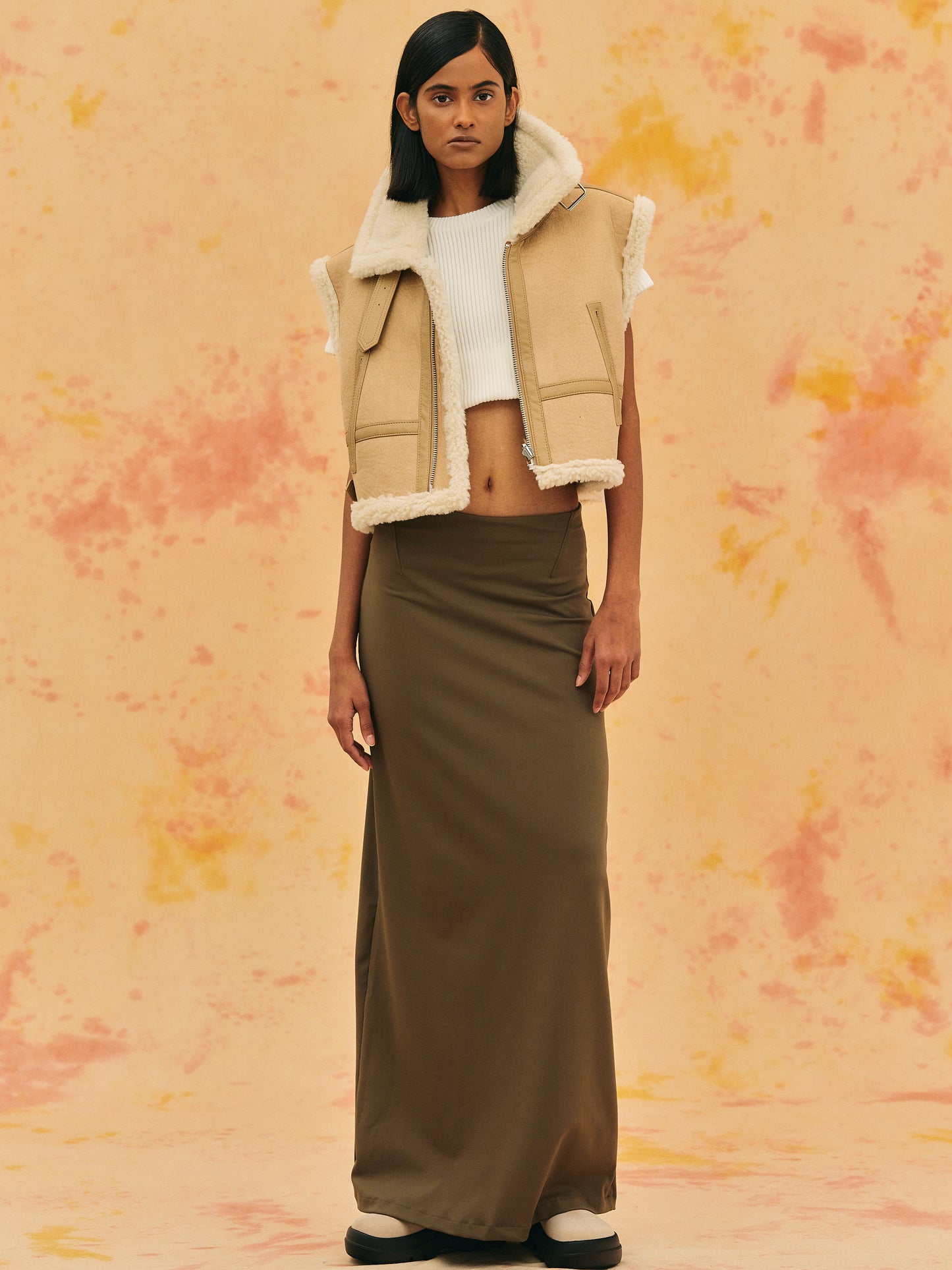 Cropped Shearling Vest, Camel