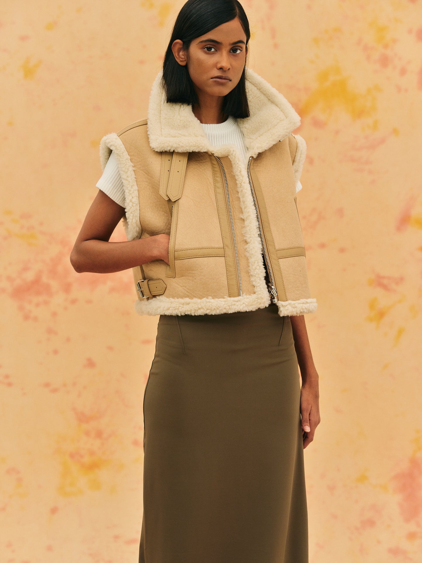 Cropped Shearling Vest, Camel