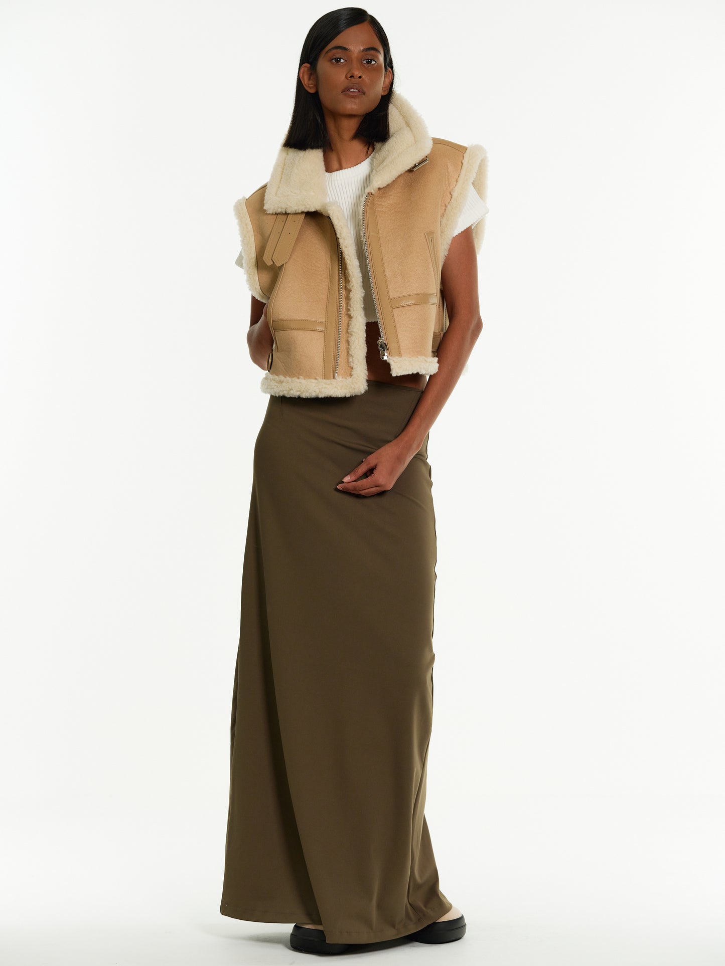 Cropped Shearling Vest, Camel