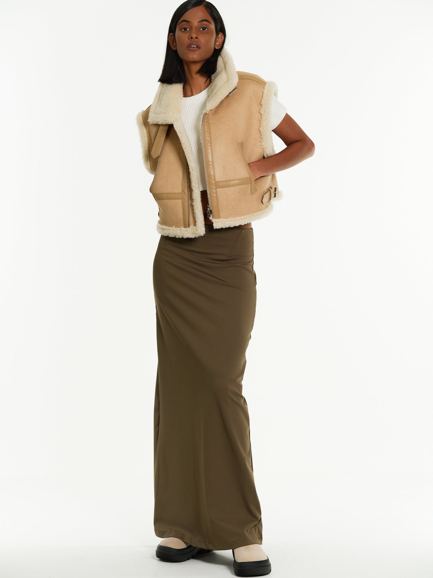 Cropped Shearling Vest, Camel