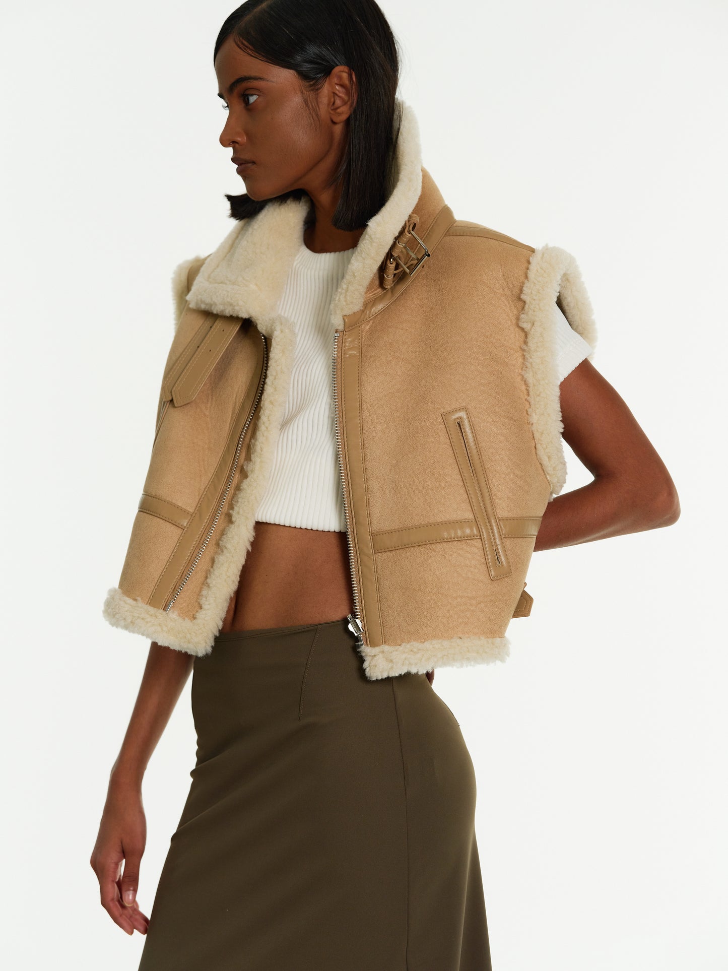 Cropped Shearling Vest, Camel