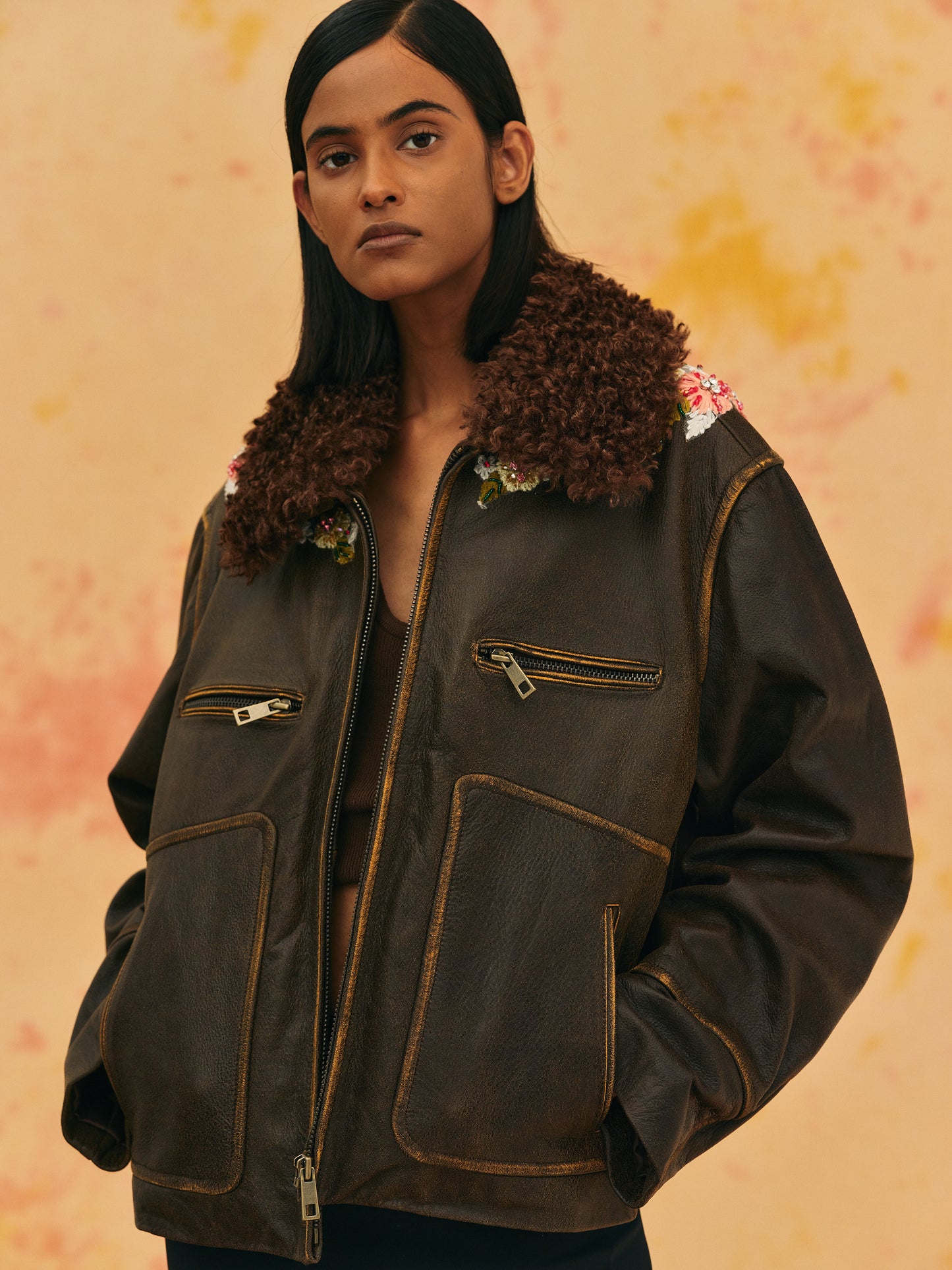 Embroidered Faded Leather Jacket, Coffee
