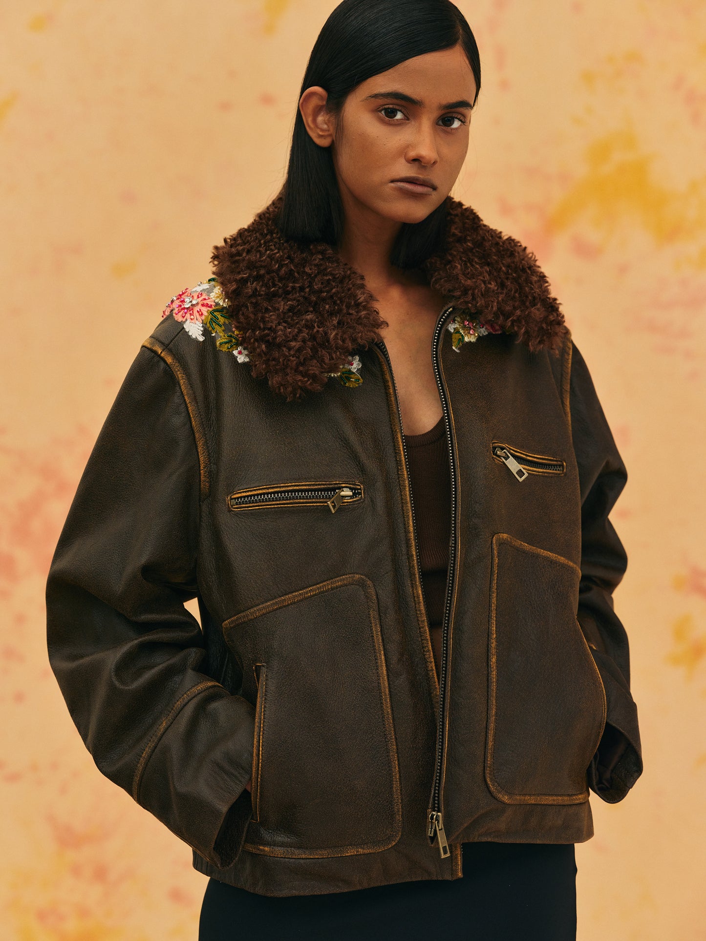 Embroidered Faded Leather Jacket, Coffee