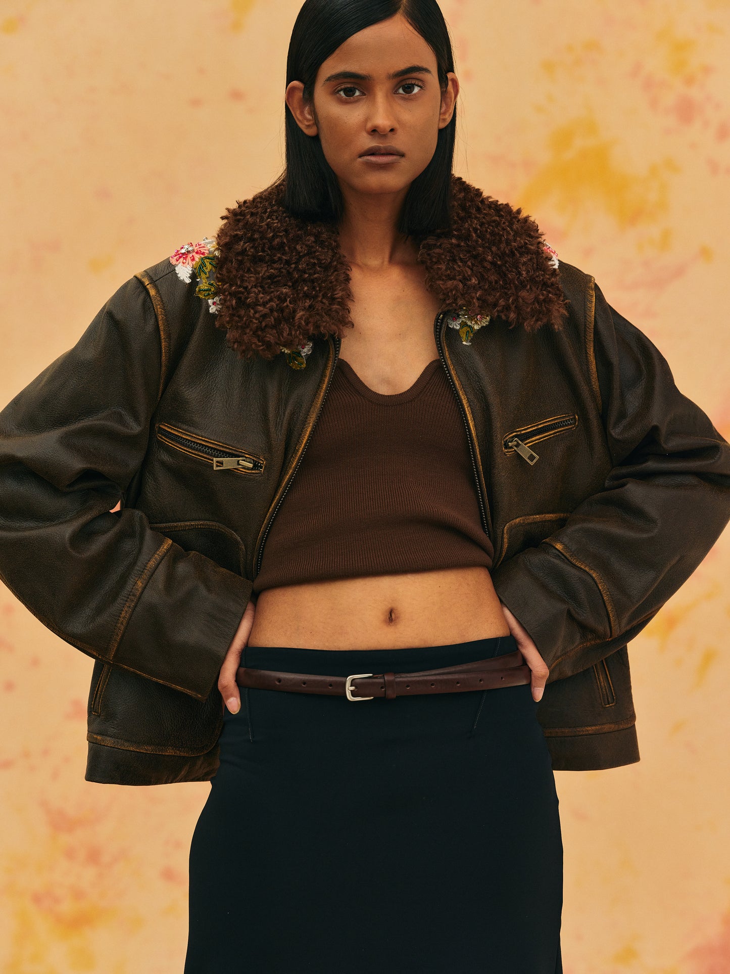 Embroidered Faded Leather Jacket, Coffee