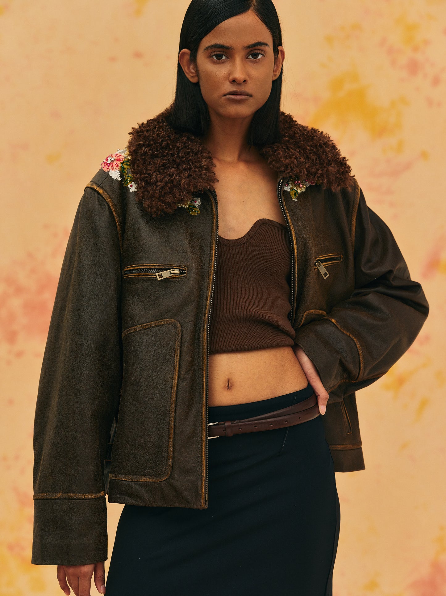Embroidered Faded Leather Jacket, Coffee