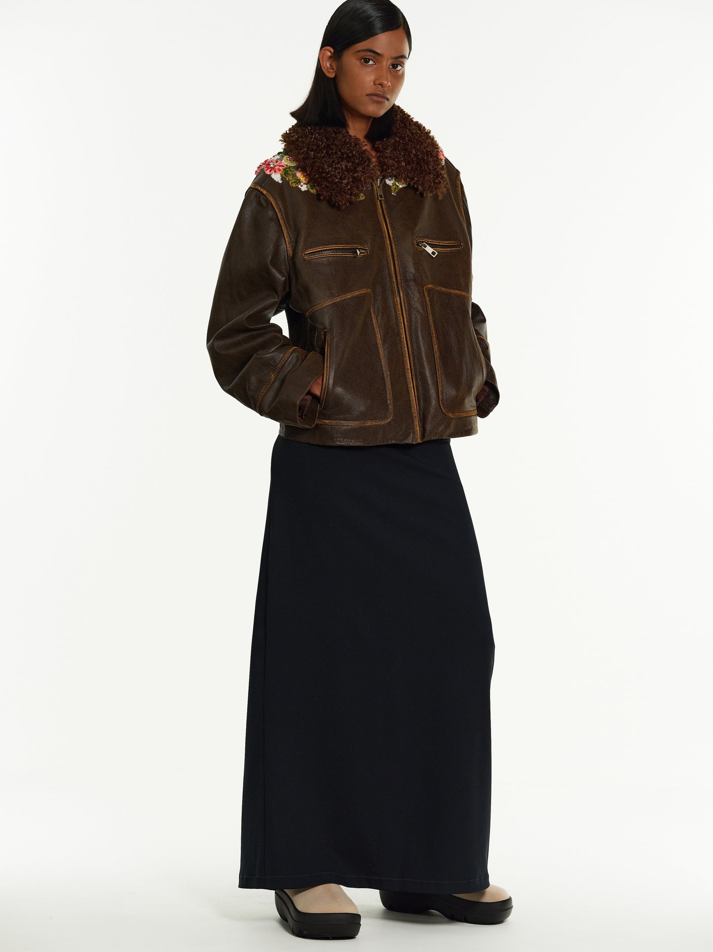 Embroidered Faded Leather Jacket, Coffee