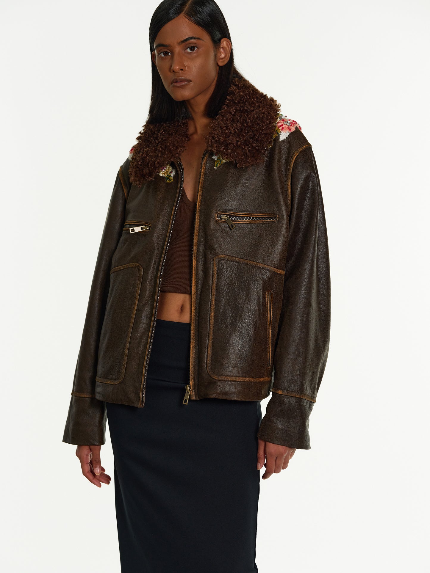 Embroidered Faded Leather Jacket, Coffee