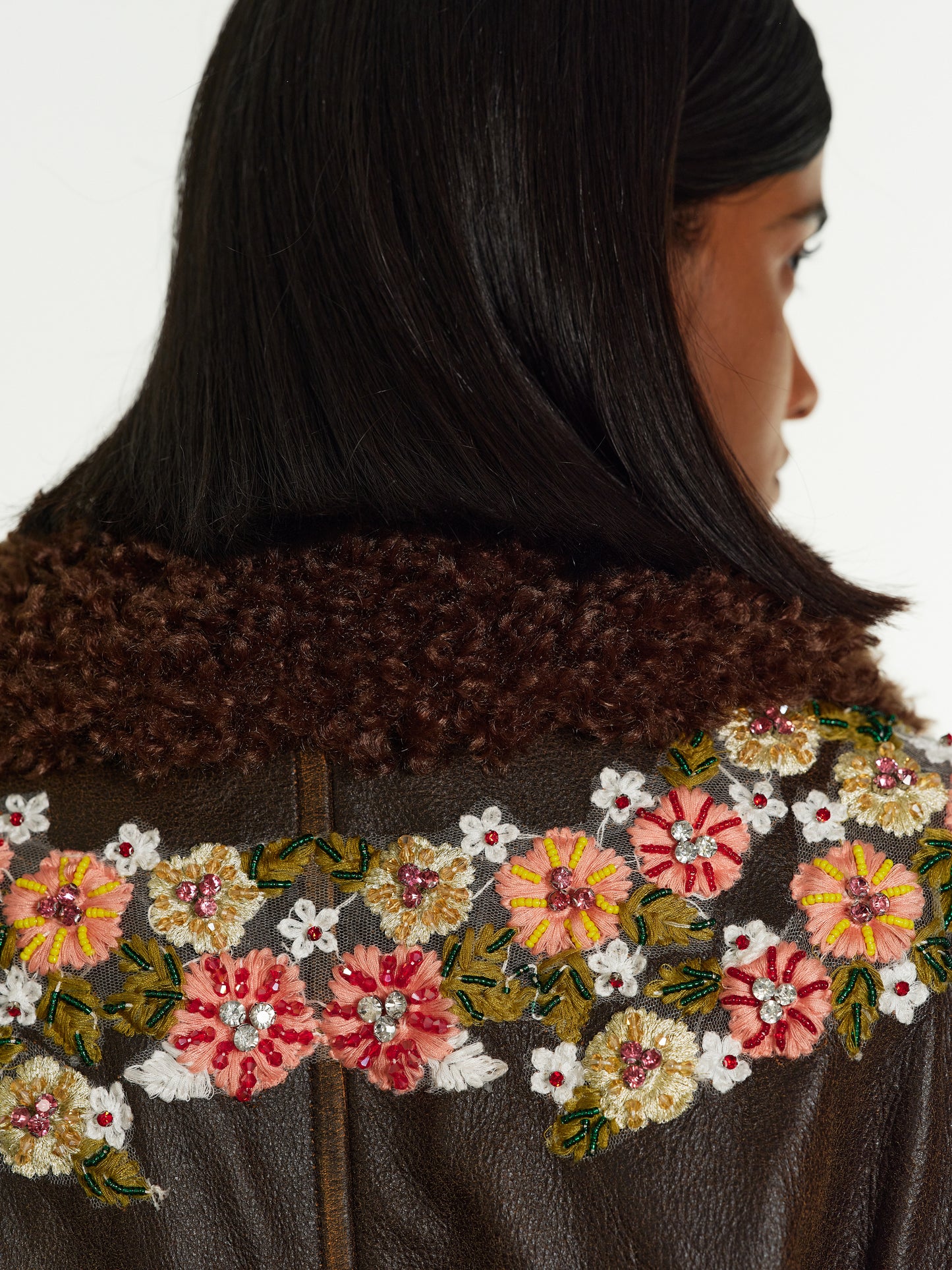 Embroidered Faded Leather Jacket, Coffee