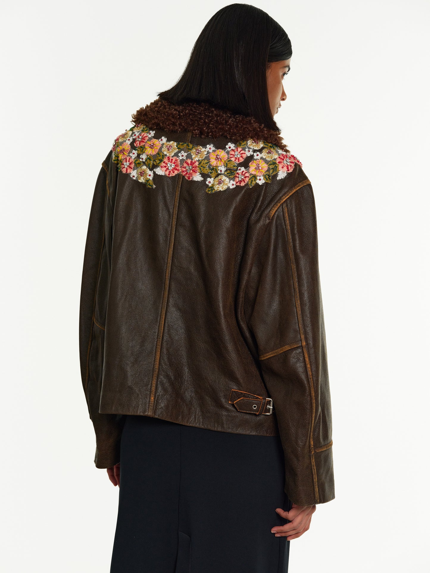 Embroidered Faded Leather Jacket, Coffee