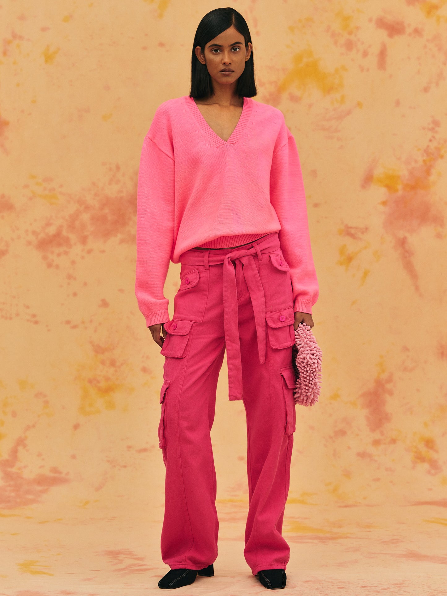 V-Neck Knit Sweater, Hot Pink