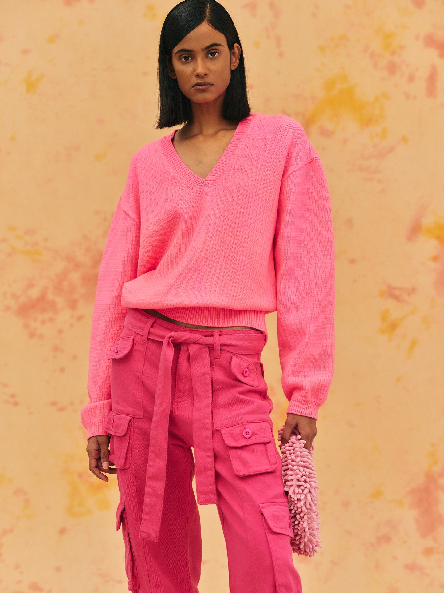 V-Neck Knit Sweater, Hot Pink
