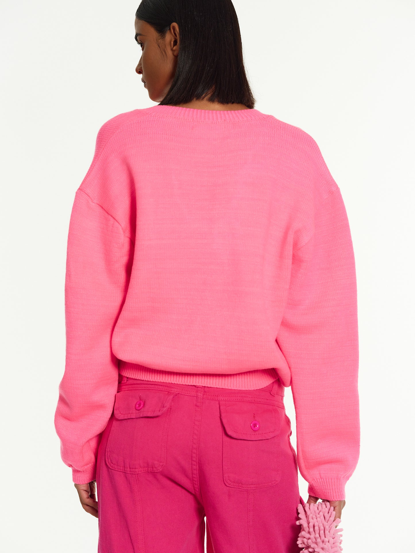 V-Neck Knit Sweater, Hot Pink