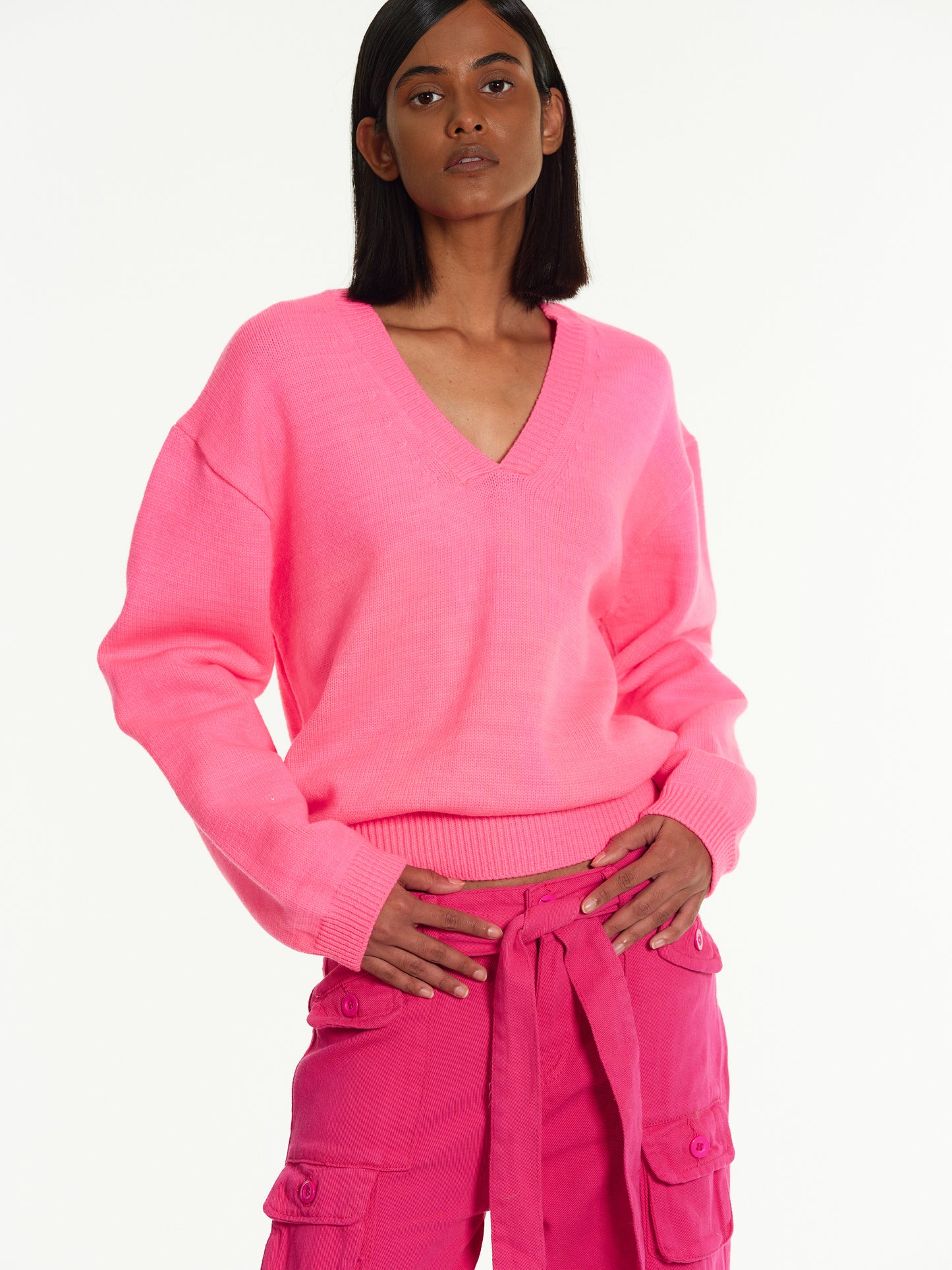 V-Neck Knit Sweater, Hot Pink