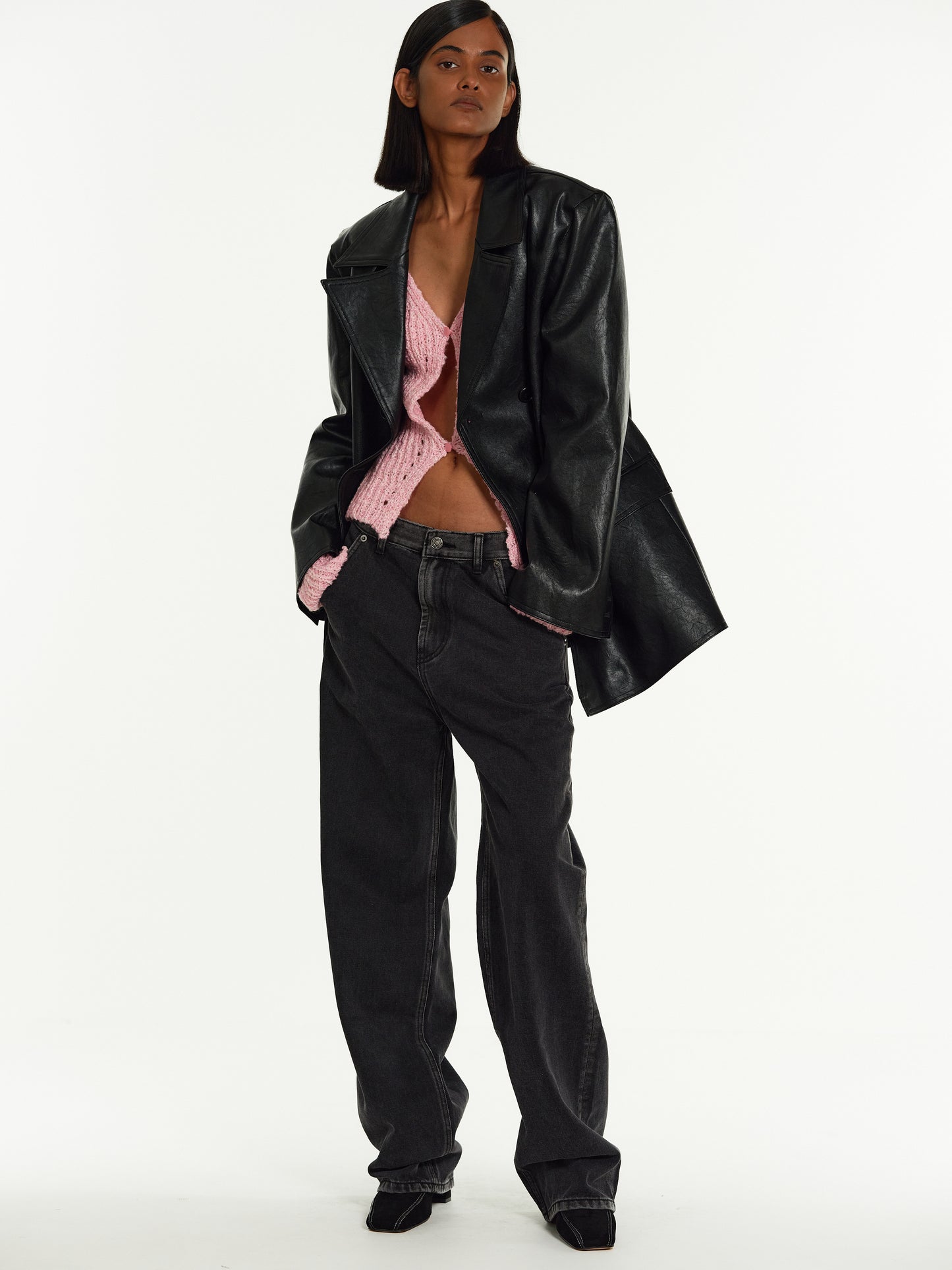 Double-Breasted Leather Blazer, Black