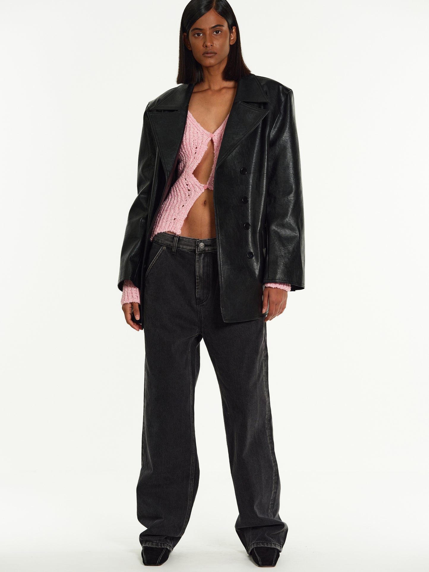 Double-Breasted Leather Blazer, Black