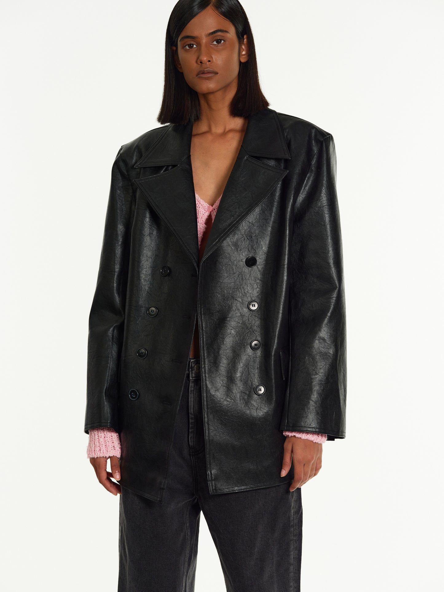 Double-Breasted Leather Blazer, Black