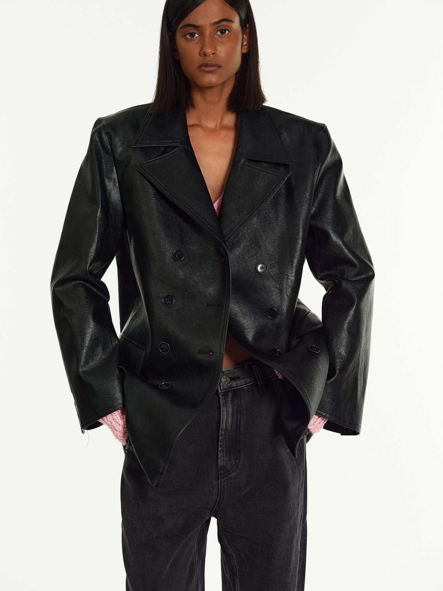 Double-Breasted Leather Blazer, Black