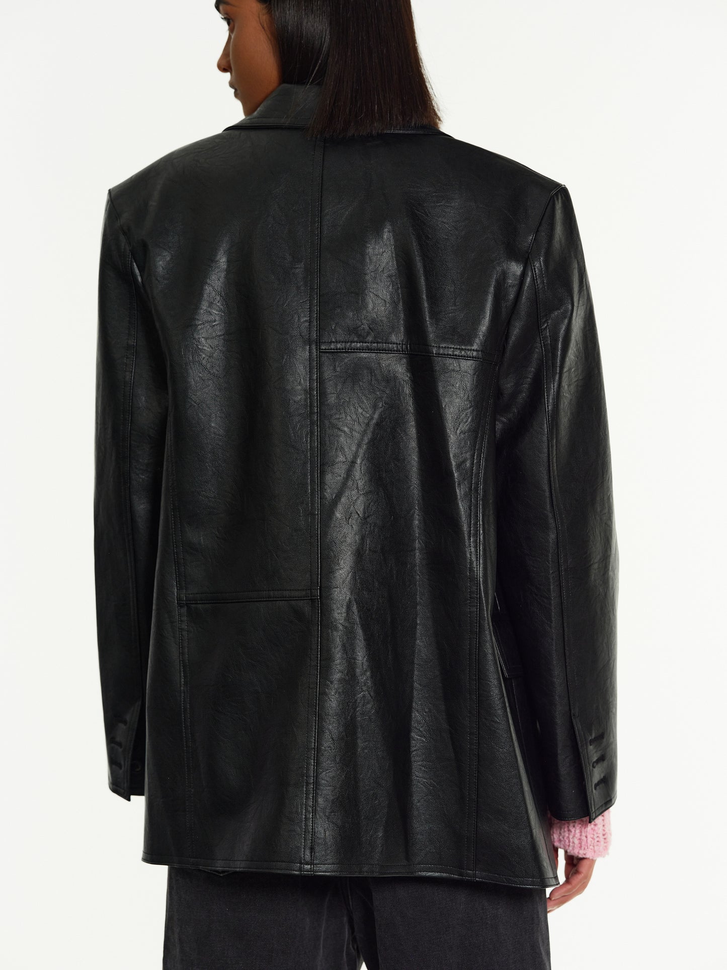 Double-Breasted Leather Blazer, Black