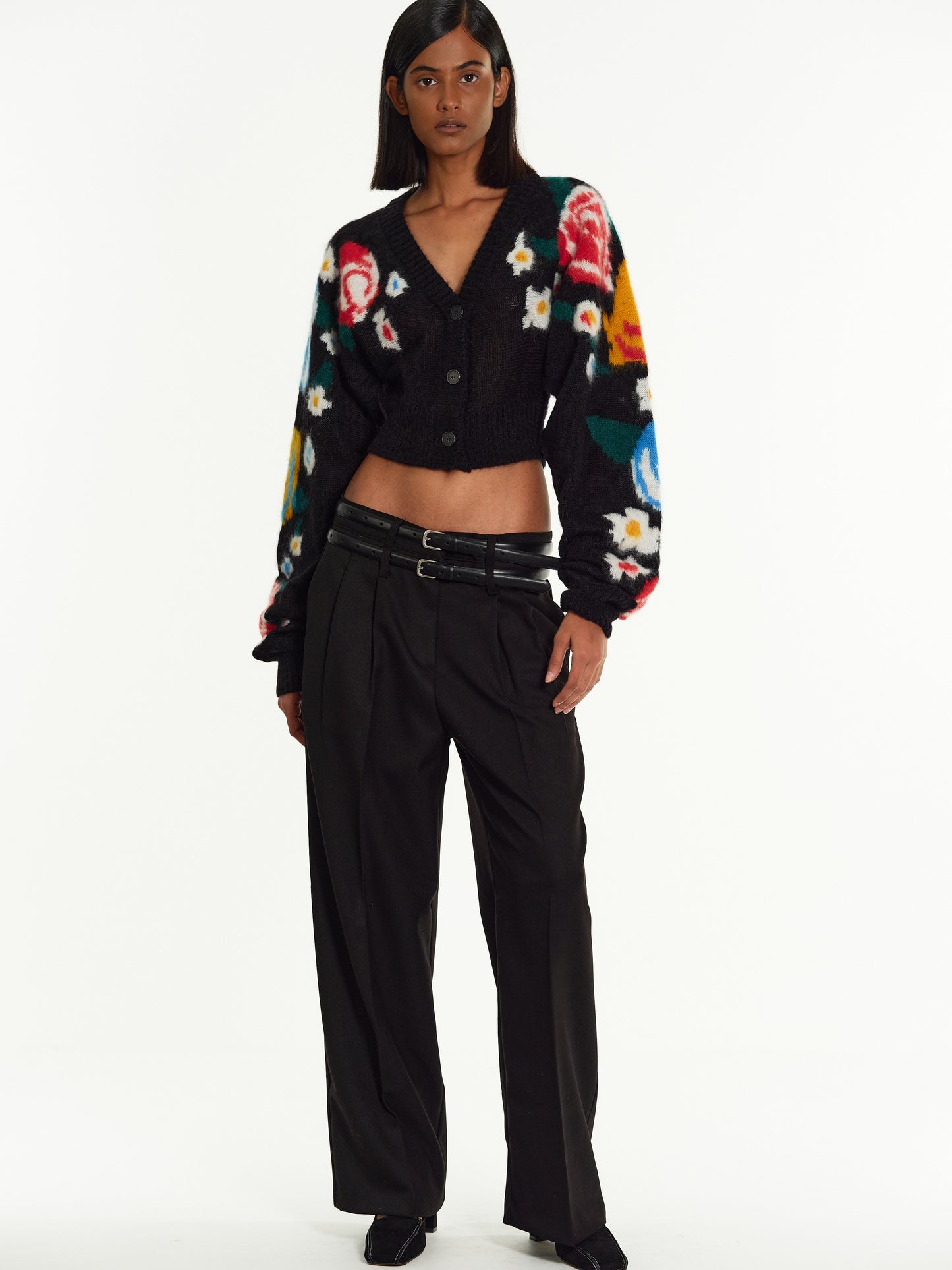 Floral Crop Cardigan, Black