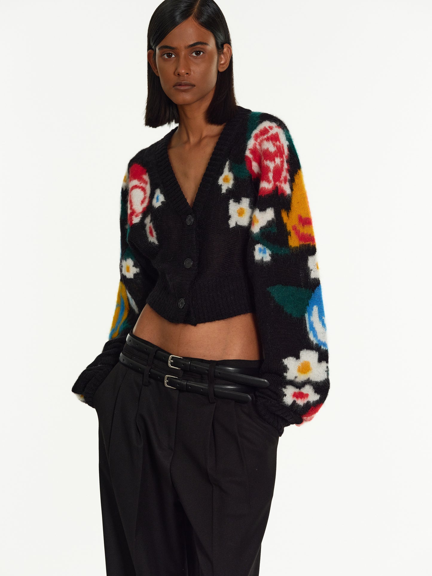 Floral Crop Cardigan, Black