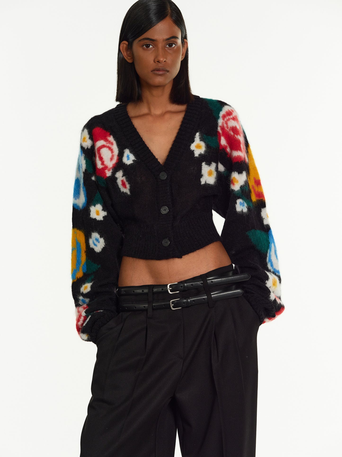Floral Crop Cardigan, Black