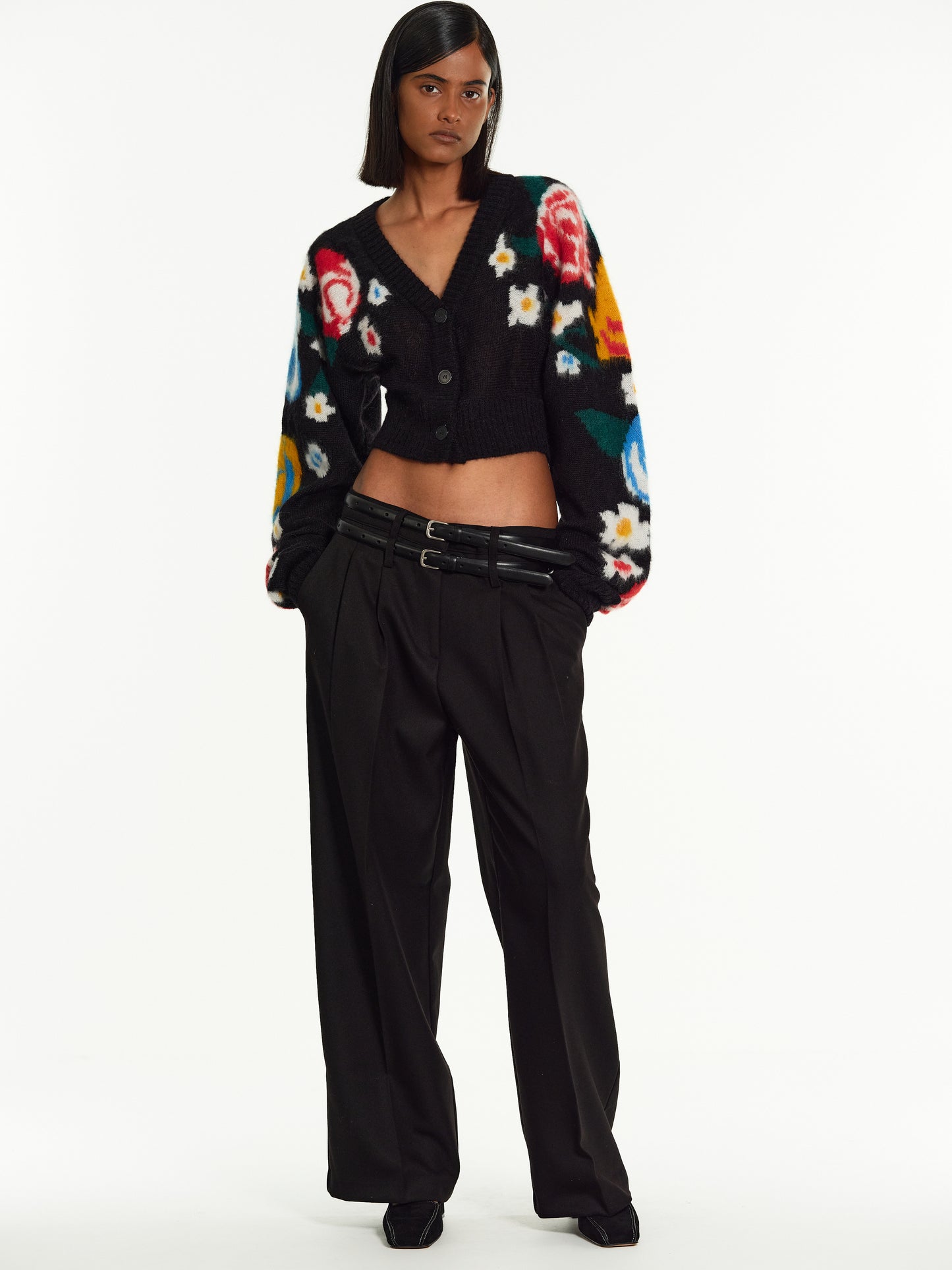 Floral Crop Cardigan, Black