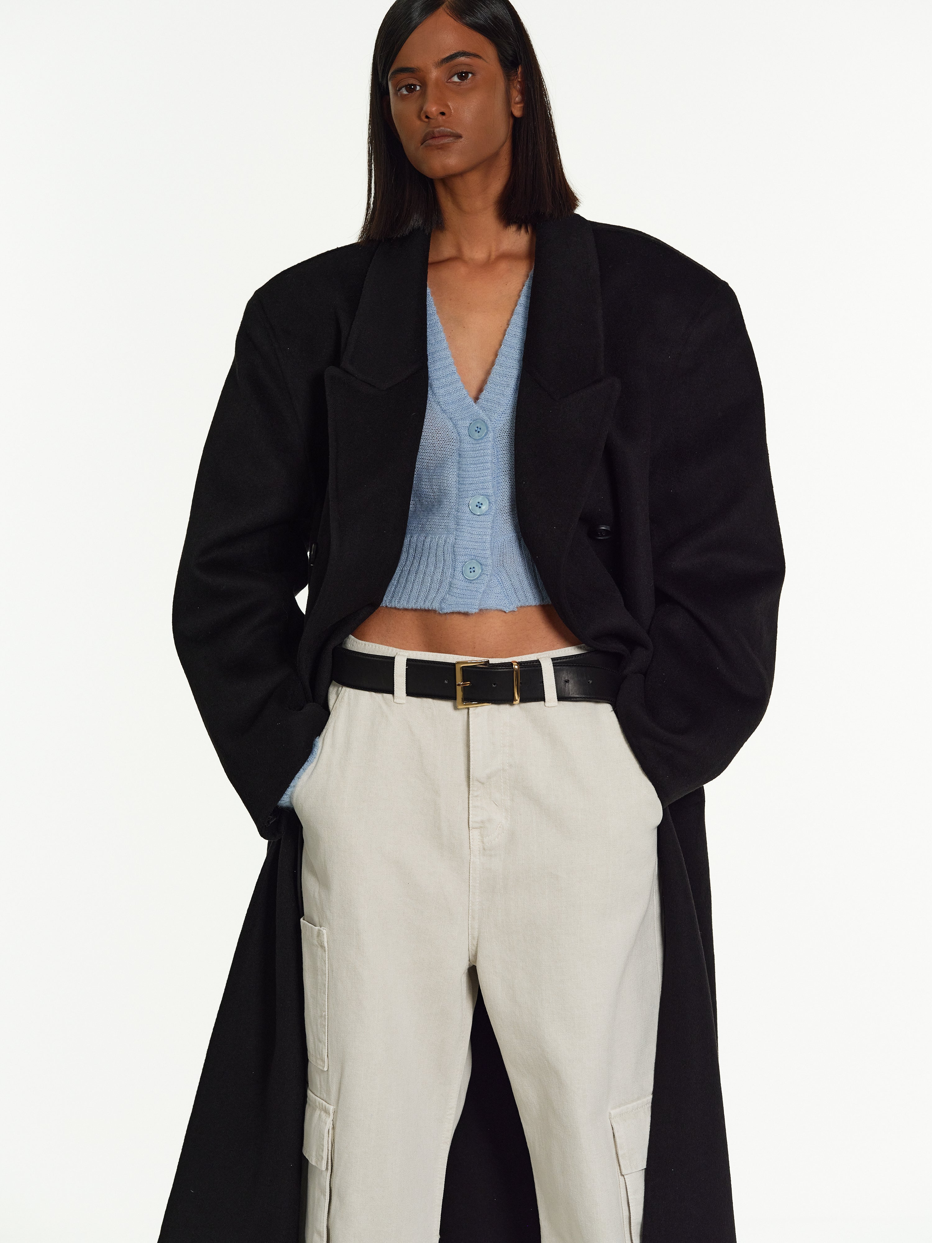 Zvika Padded Shoulder Maxi Coat, Black
