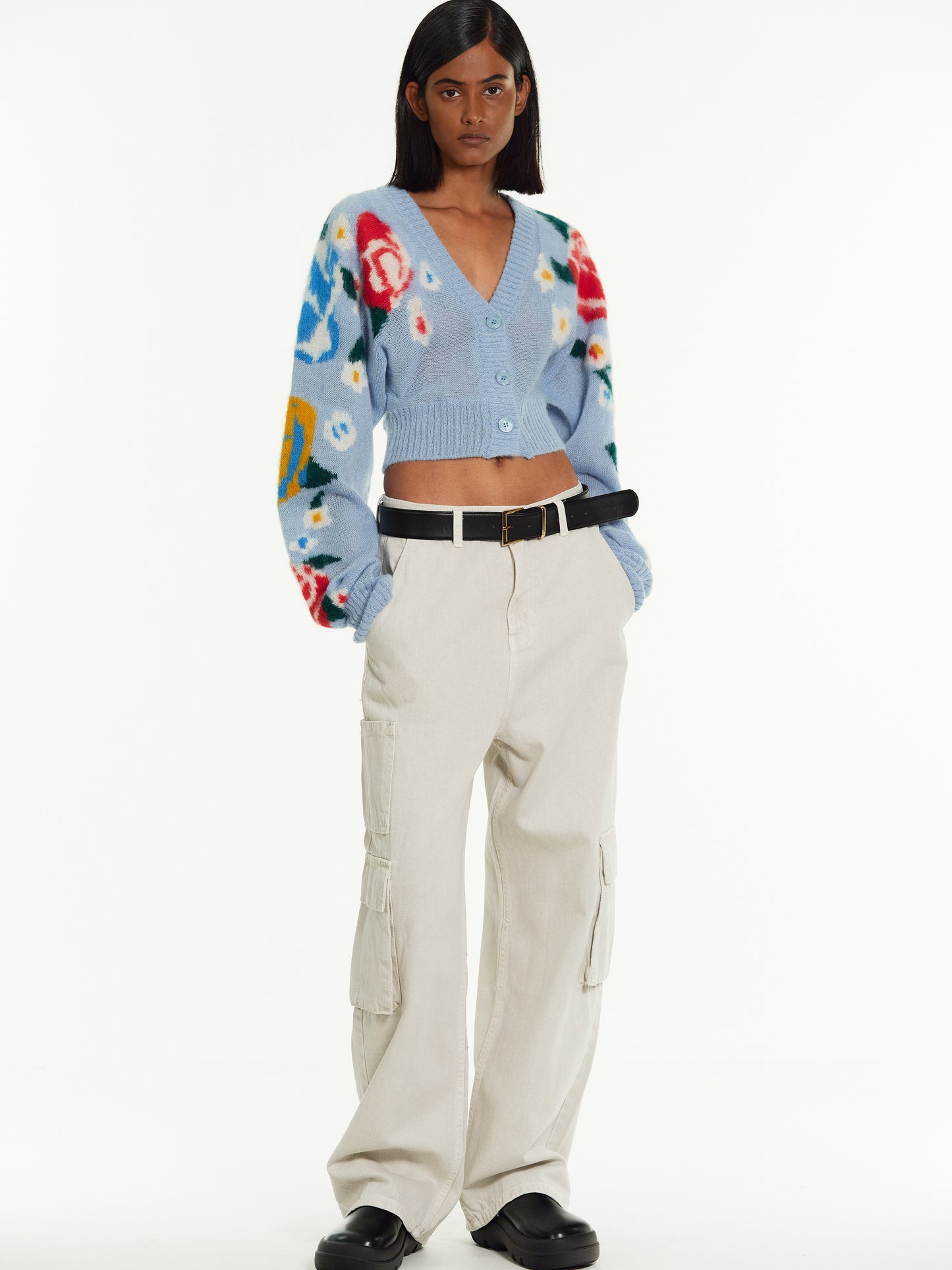 Floral Crop Cardigan, Sky Blue