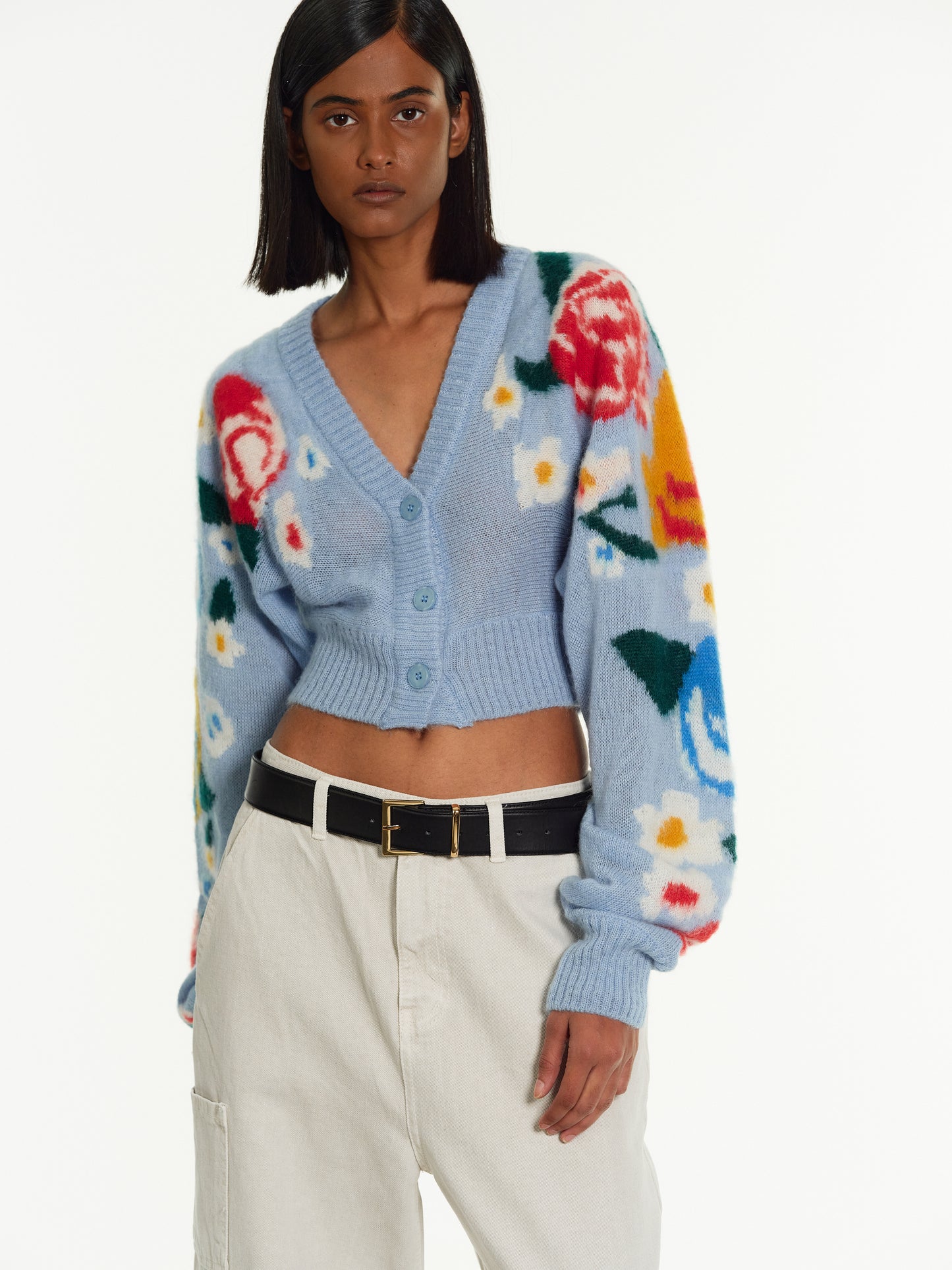 Floral Crop Cardigan, Sky Blue