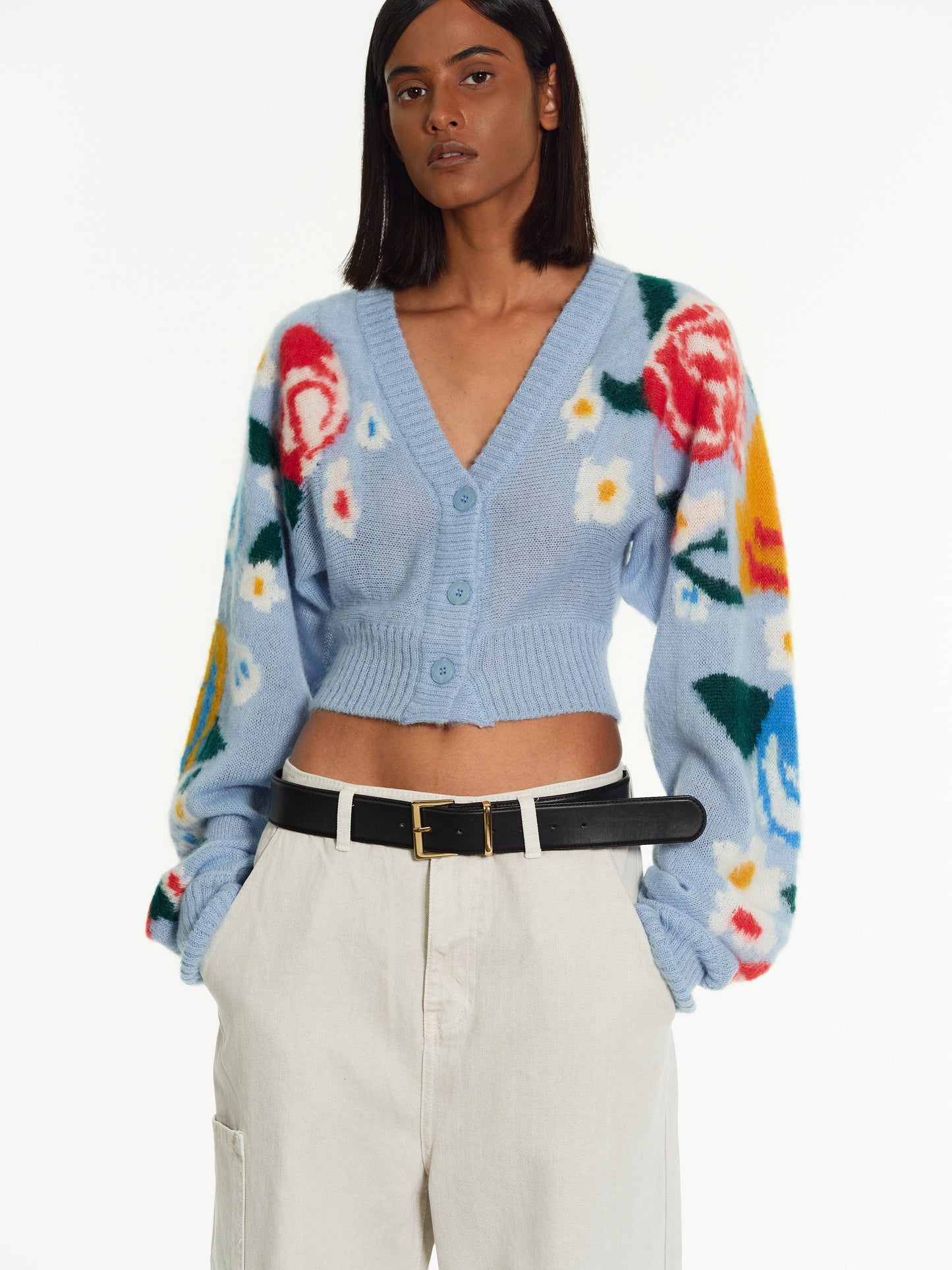 Floral Crop Cardigan, Sky Blue