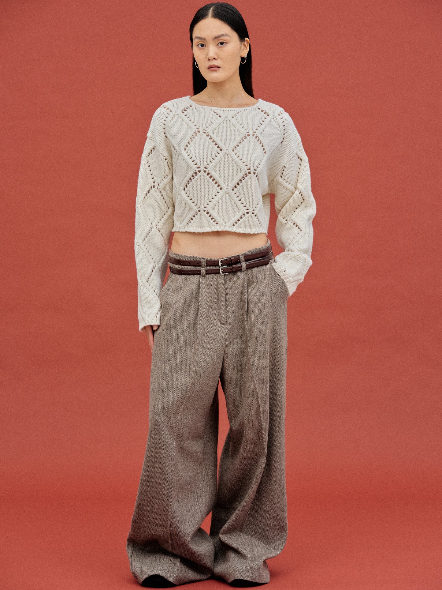 Oversized Wool Trousers, Brown Melange