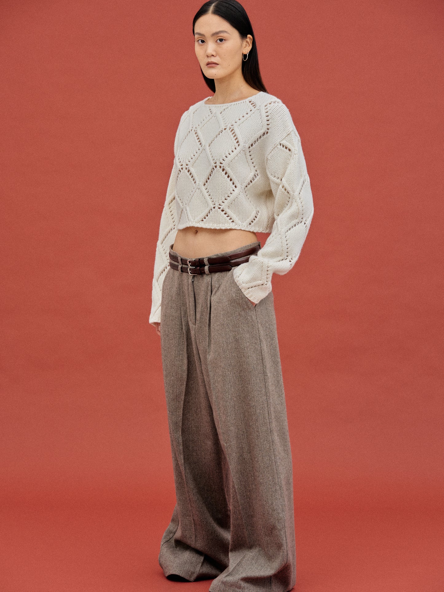 Oversized Wool Trousers, Brown Melange